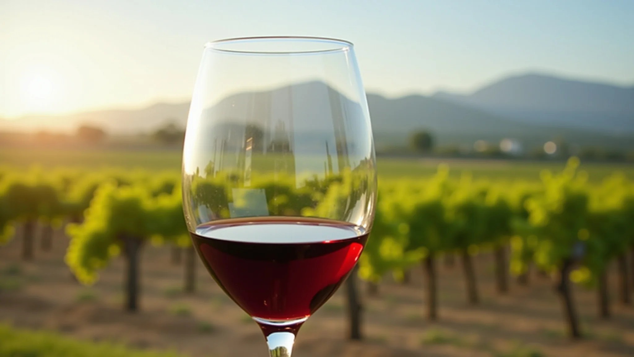 Taça de vinho tinto com vinhedos da Campanha Gaúcha ao fundo, em dia ensolarado.