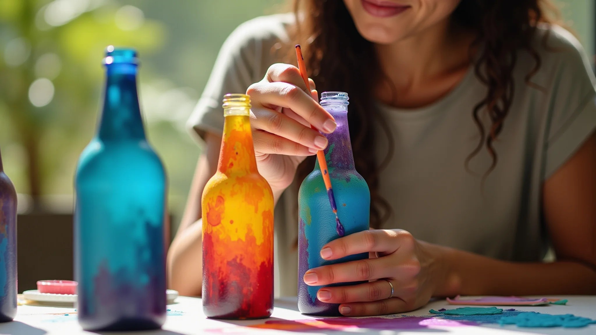 Mãos de uma mulher pintando uma garrafa de vidro com cores vibrantes.