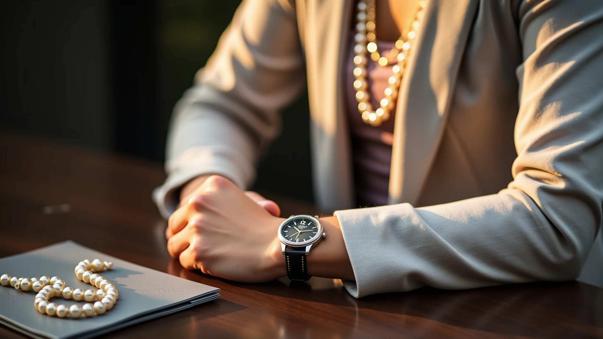 Acessórios elegantes para reunião de negócios: colar de pérolas, relógio clássico e lenço de seda.