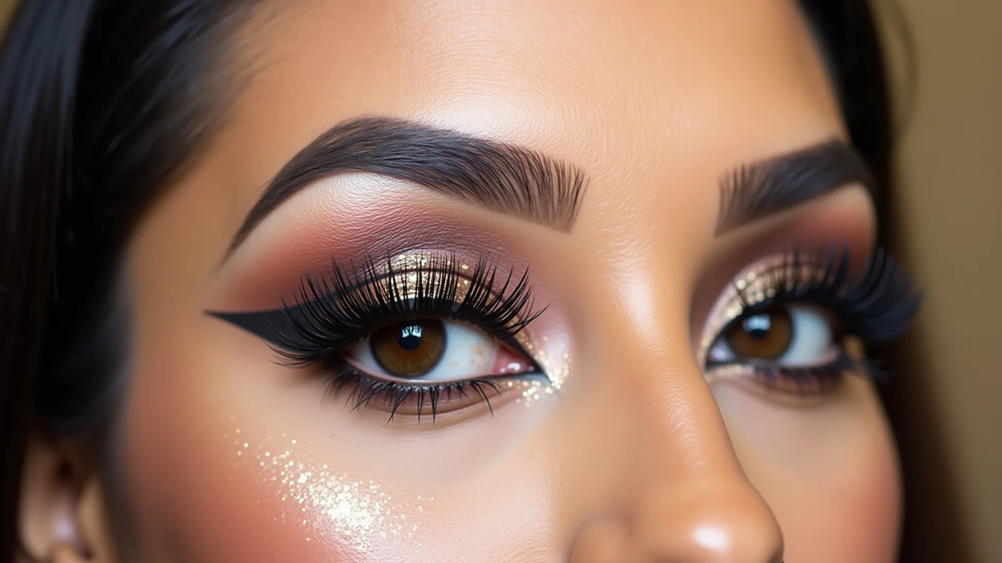Close-up de maquiagem de olhos com sombra glitter, delineador perfeito e cílios longos para festa.