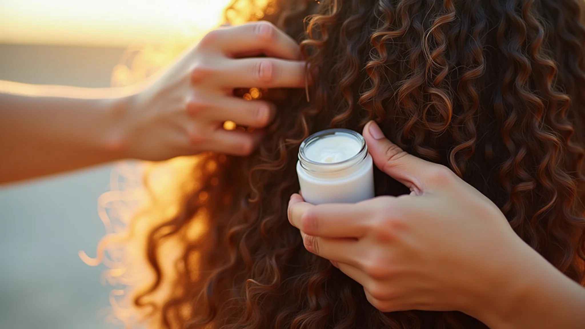 Close-up de mãos aplicando creme para pentear em cabelo cacheado.