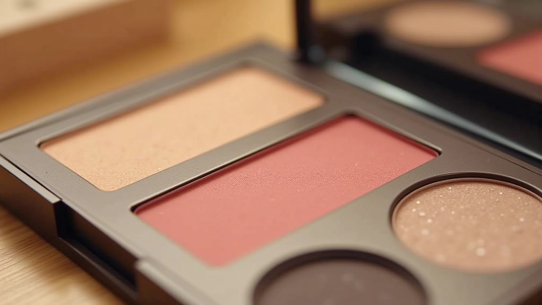 Paleta de maquiagem com cores outono suave: blush pêssego, batom nude, sombra verde oliva.