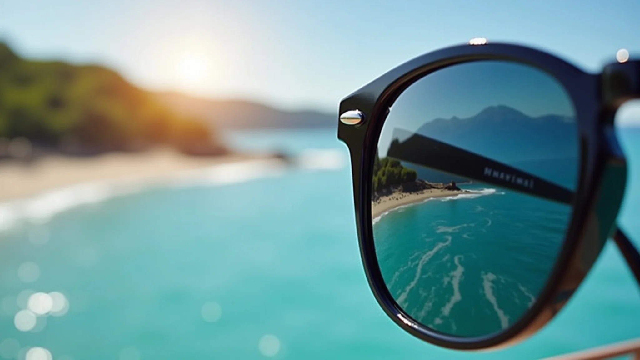 Óculos polarizados refletindo o mar, com foco na redução do reflexo e conforto visual.