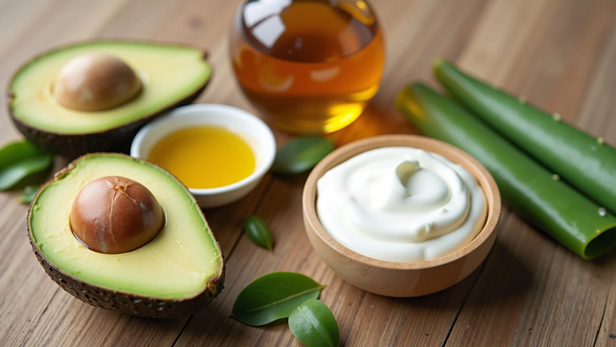 Ingredientes naturais para hidratação capilar: abacate, mel, azeite, babosa e iogurte.