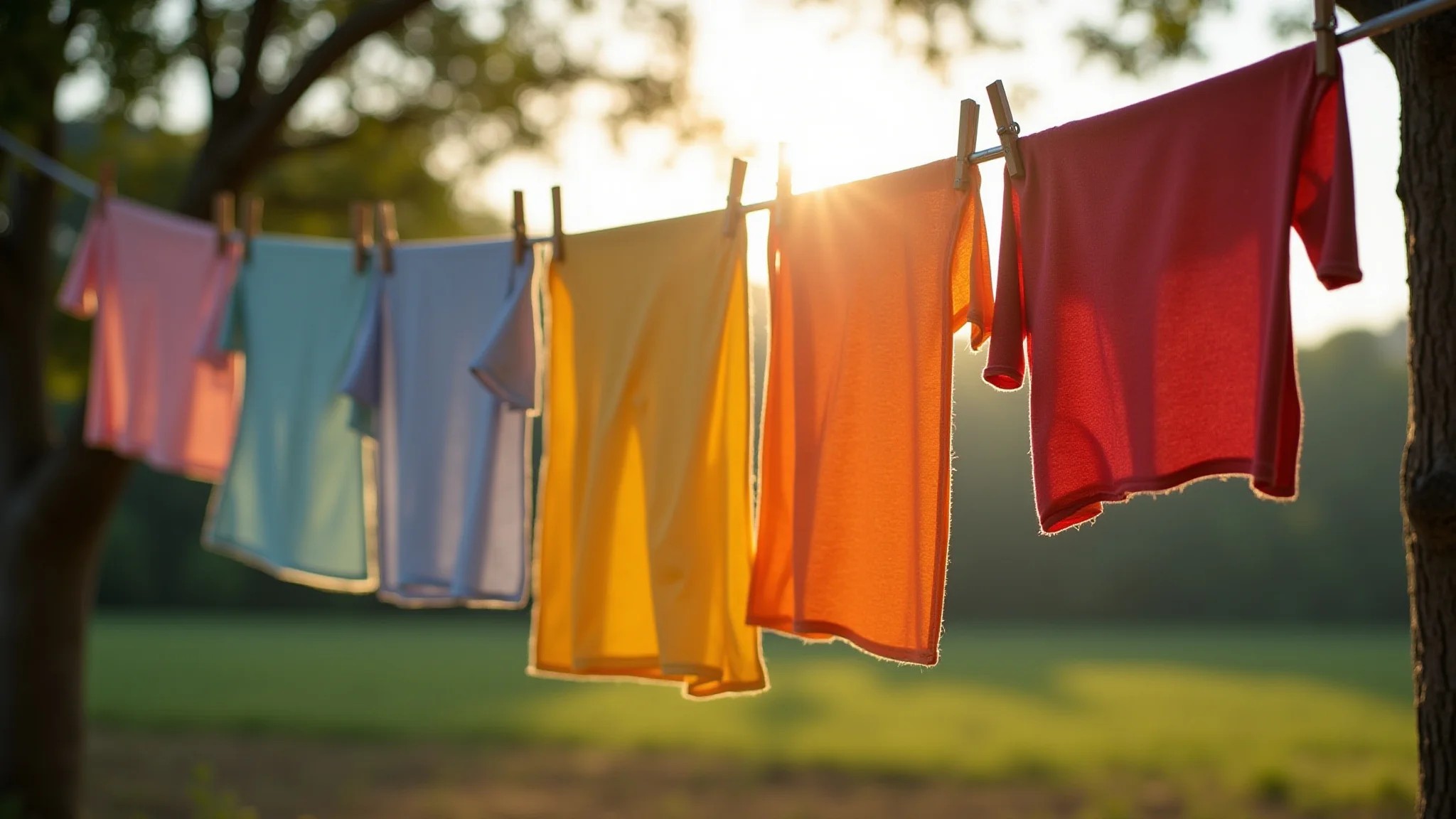 Roupas coloridas e macias secando ao sol no varal, amaciadas com produto caseiro.