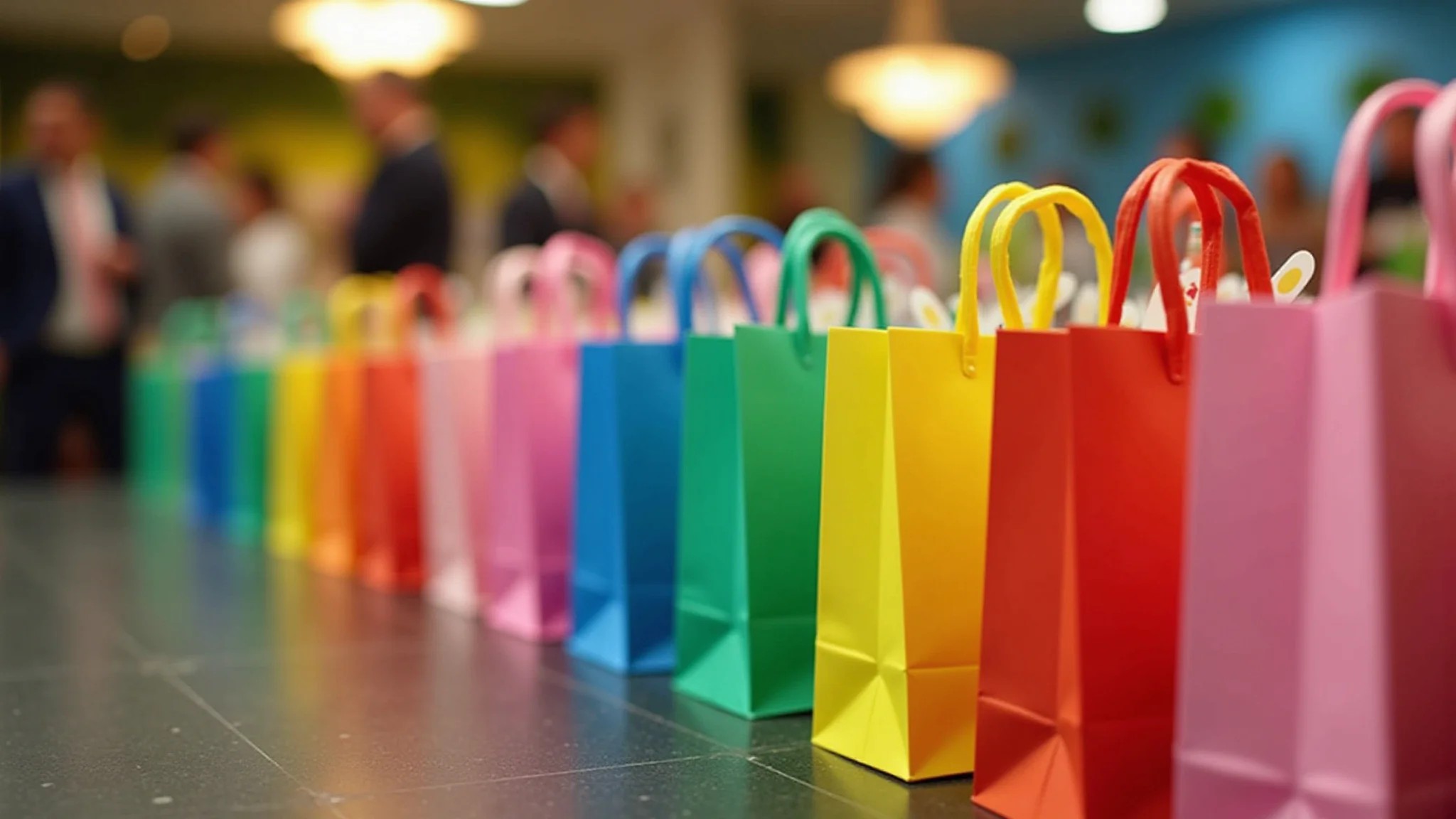Sacolinhas surpresa de EVA coloridas, tema de festa brasileira, cores vibrantes.
