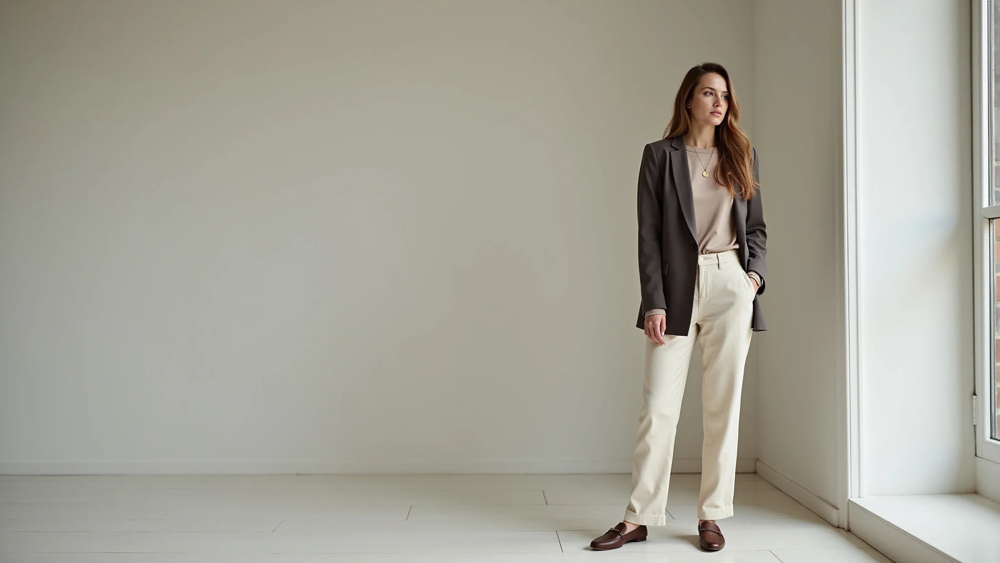Look comfy chic para o trabalho: calça de linho, blusa neutra, blazer e mocassim.