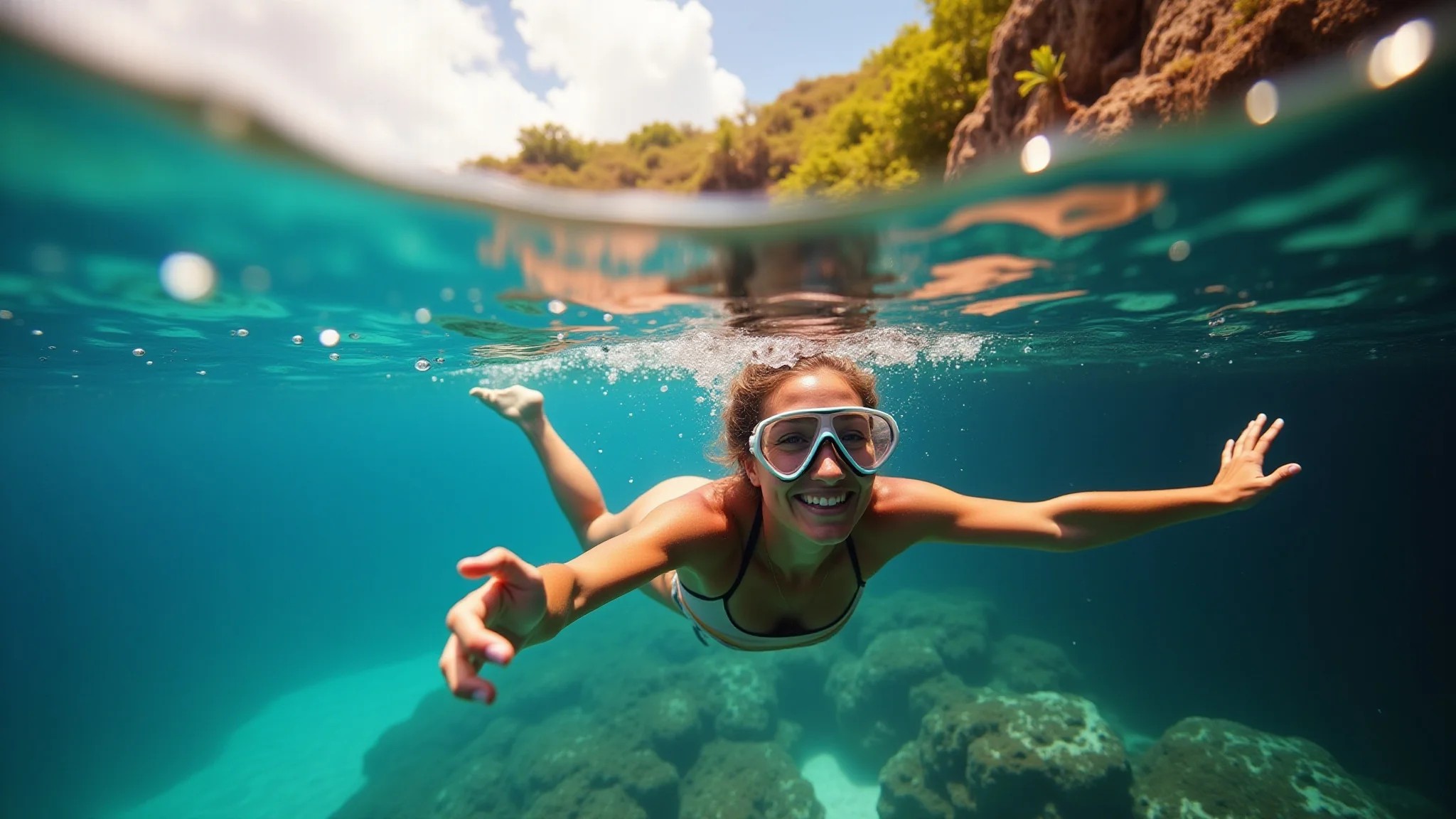 Jardins de corais em Cozumel, mulher praticando snorkeling em águas cristalinas.