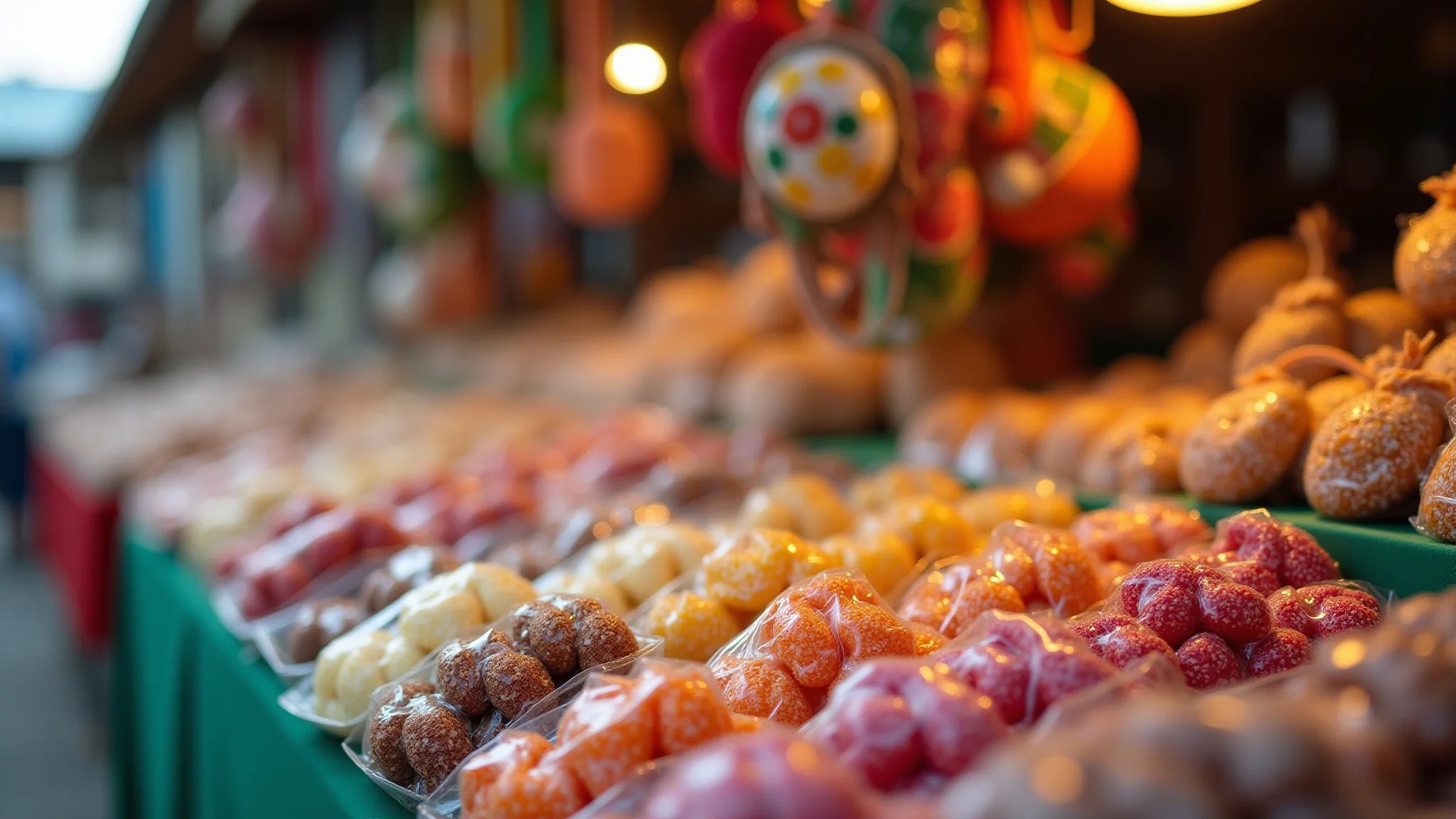Doces embalados em uma barraca de mercado com artesanato brasileiro.