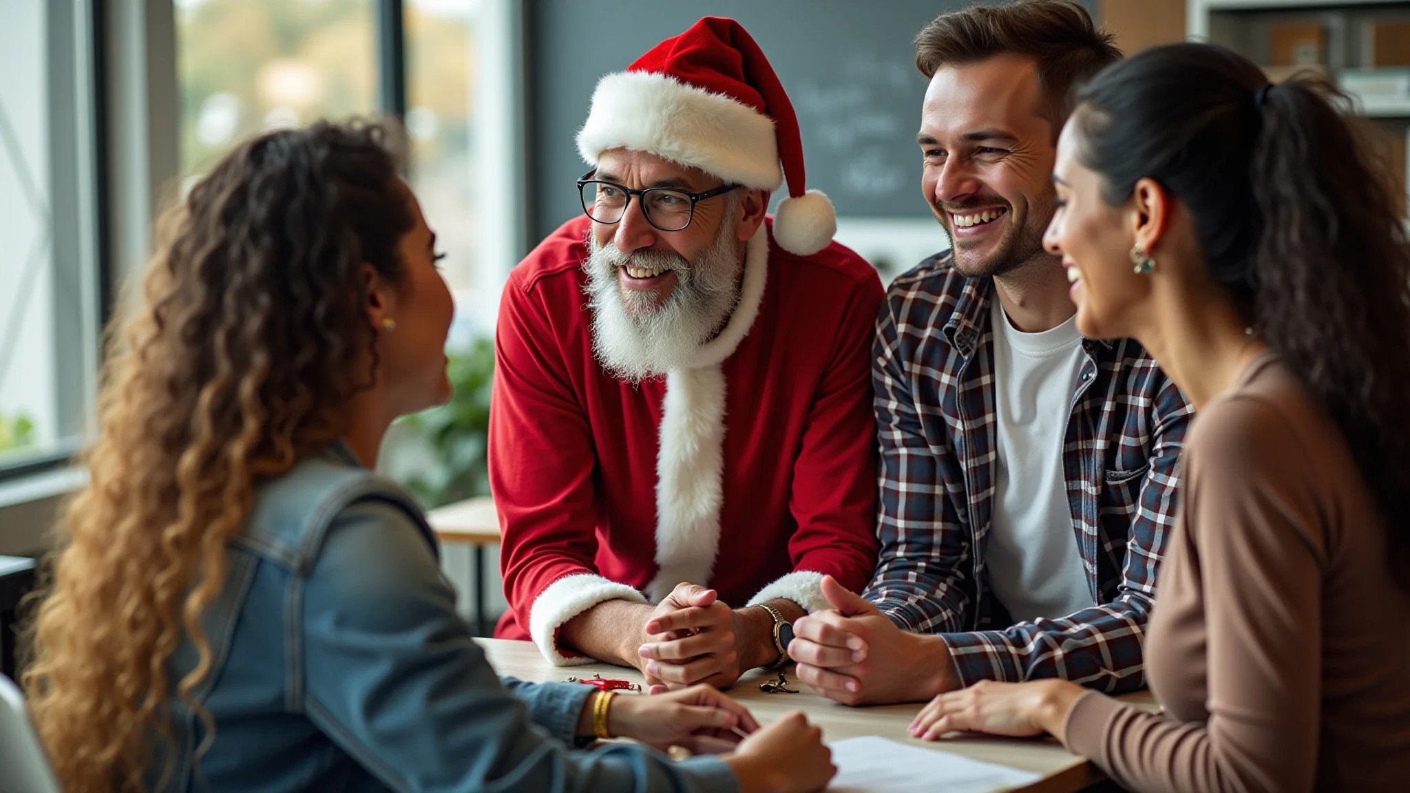 Grupo diverso de colegas em amigo secreto casual, roupas modernas, iluminação interna.
