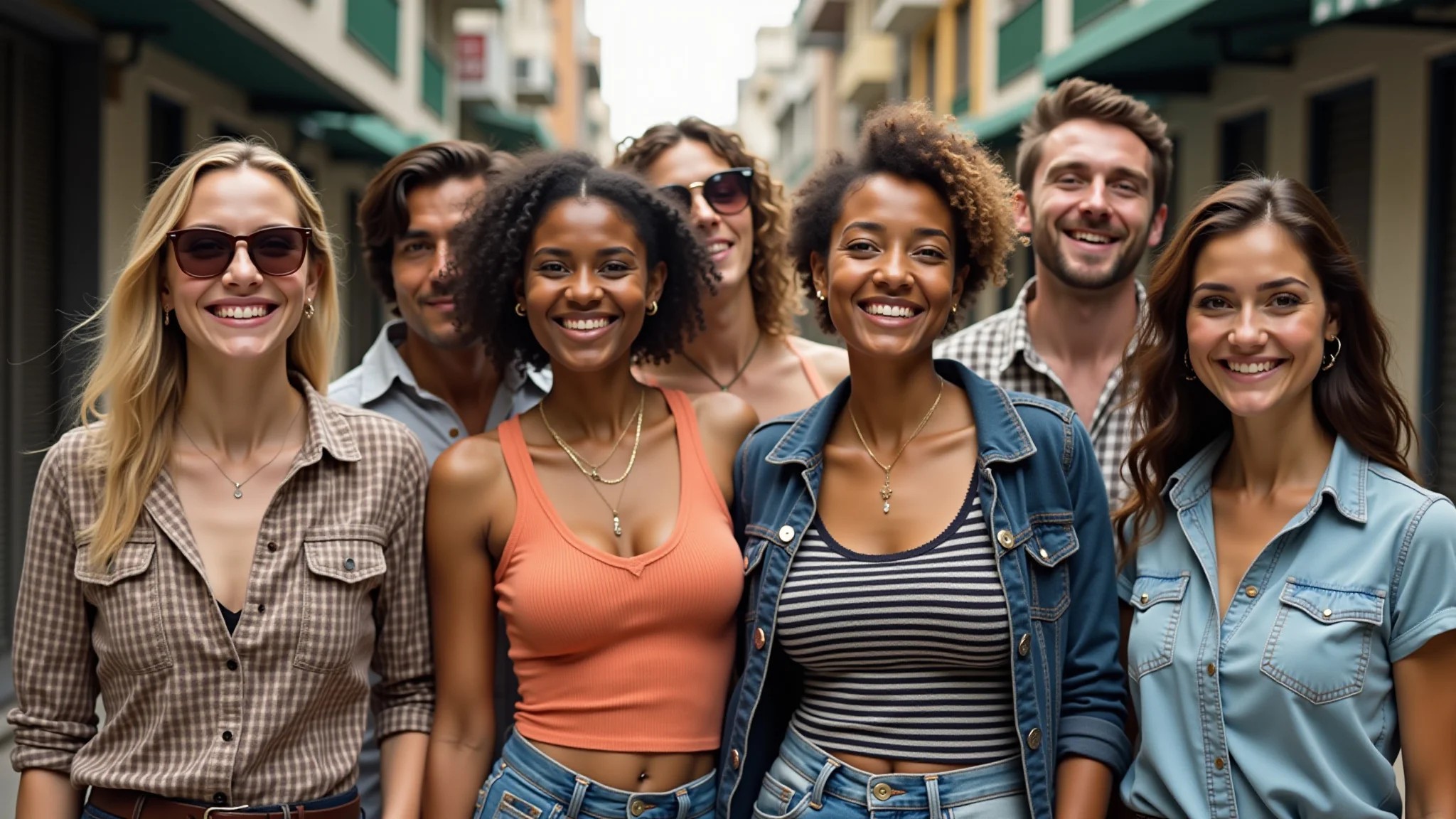 Grupo diverso mostrando achados de brechó com alegria em cenário urbano.