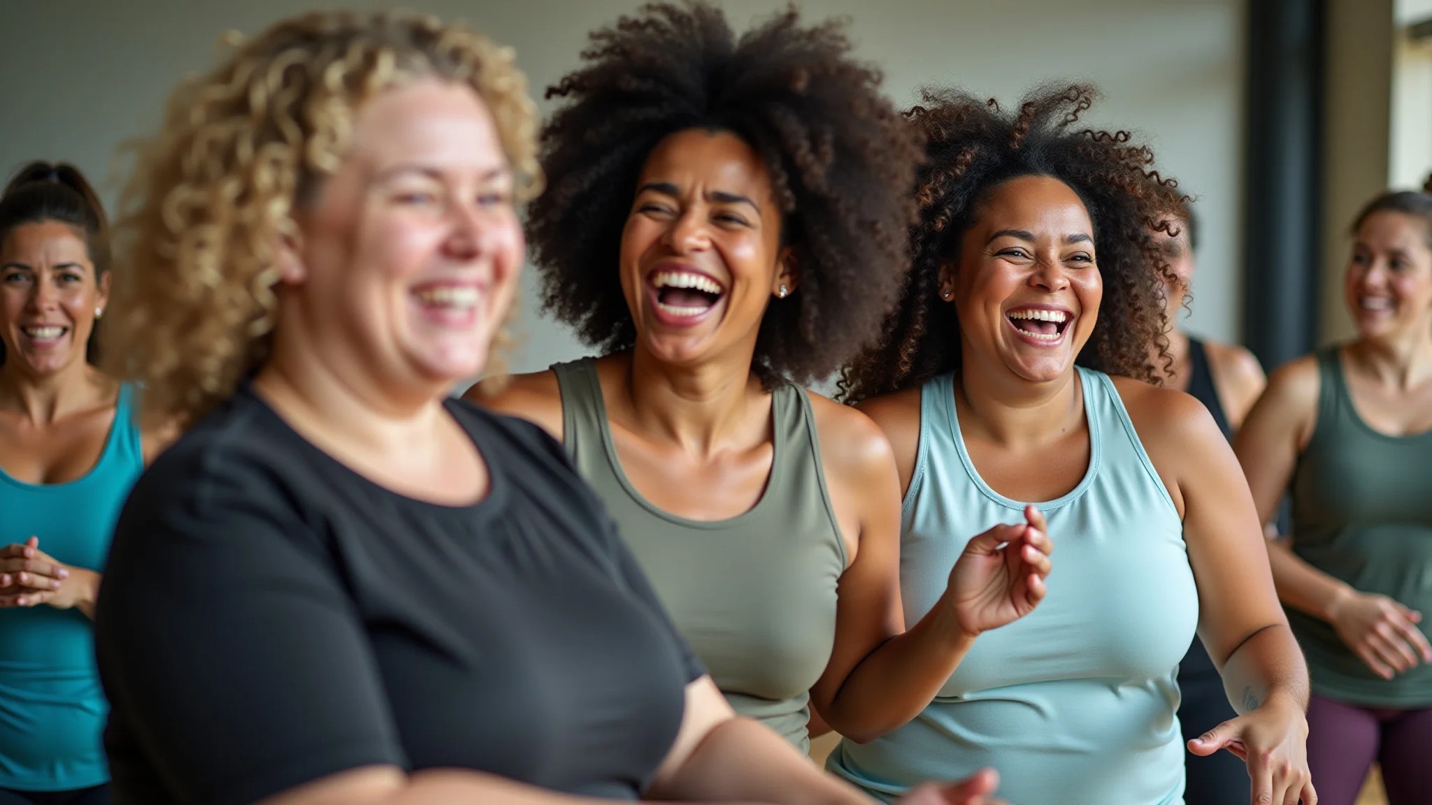 Grupo diverso de mulheres plus size rindo e se exercitando juntas em aula de ginástica.