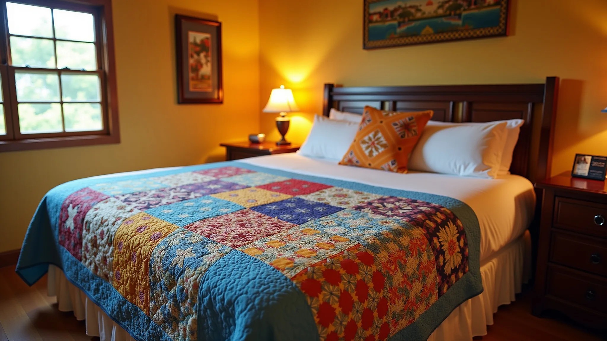 Colcha de patchwork finalizada exibida em cama, quarto brasileiro colorido estilo Farm Rio.