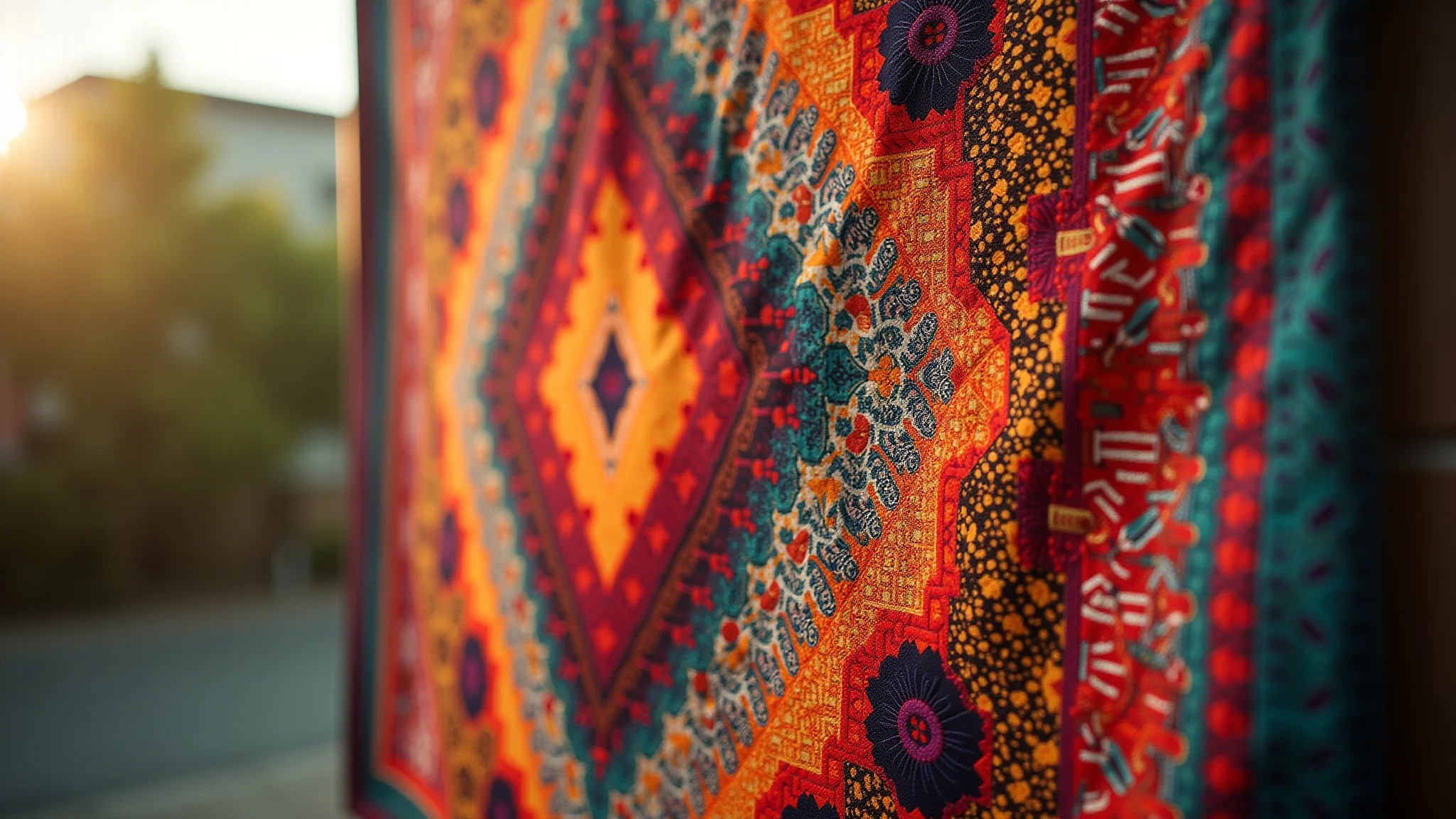 Colcha de fuxico com padrões intrincados e cores vibrantes, design brasileiro.