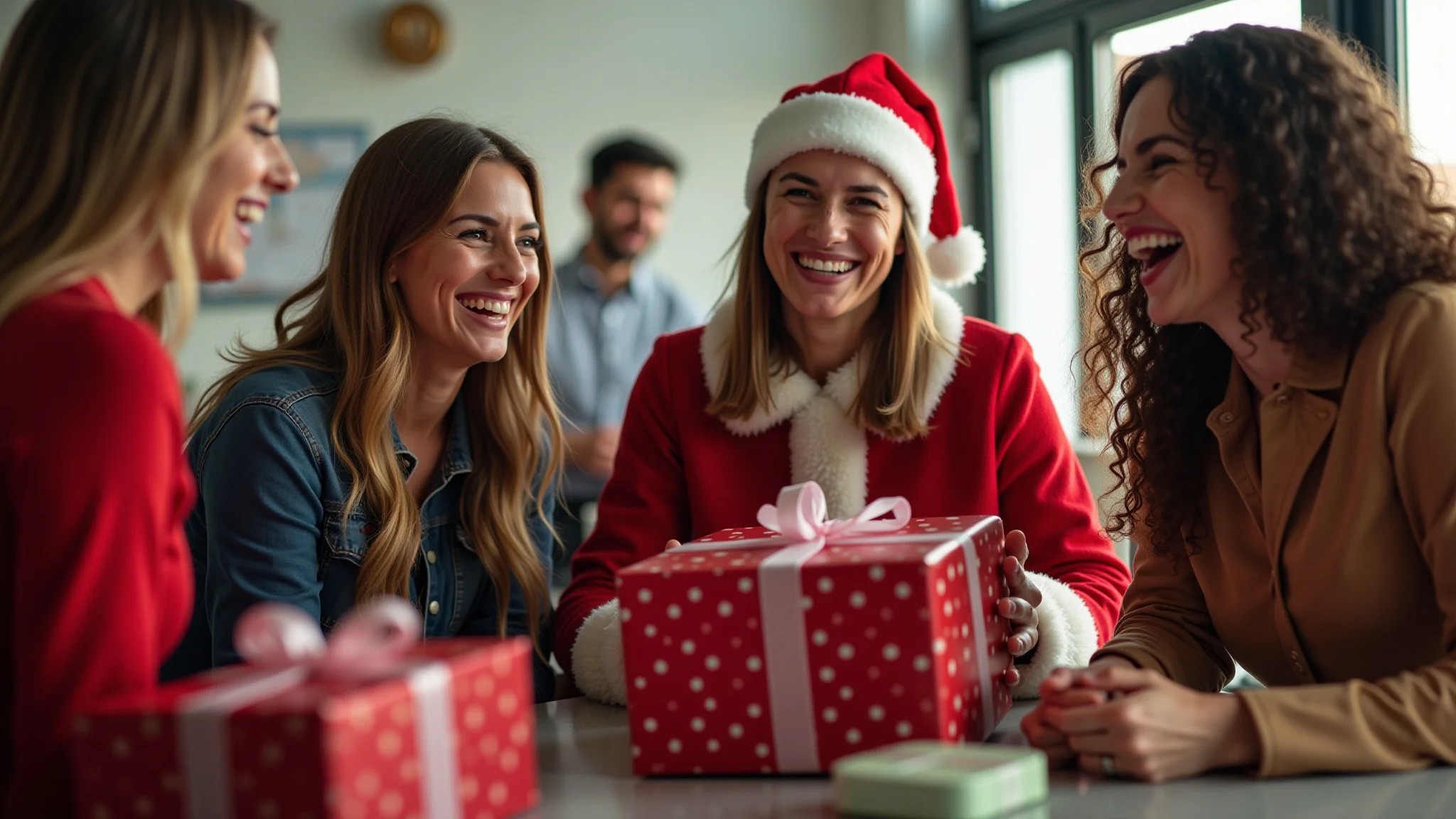 Colegas rindo durante revelação de presentes no amigo secreto, clima festivo.