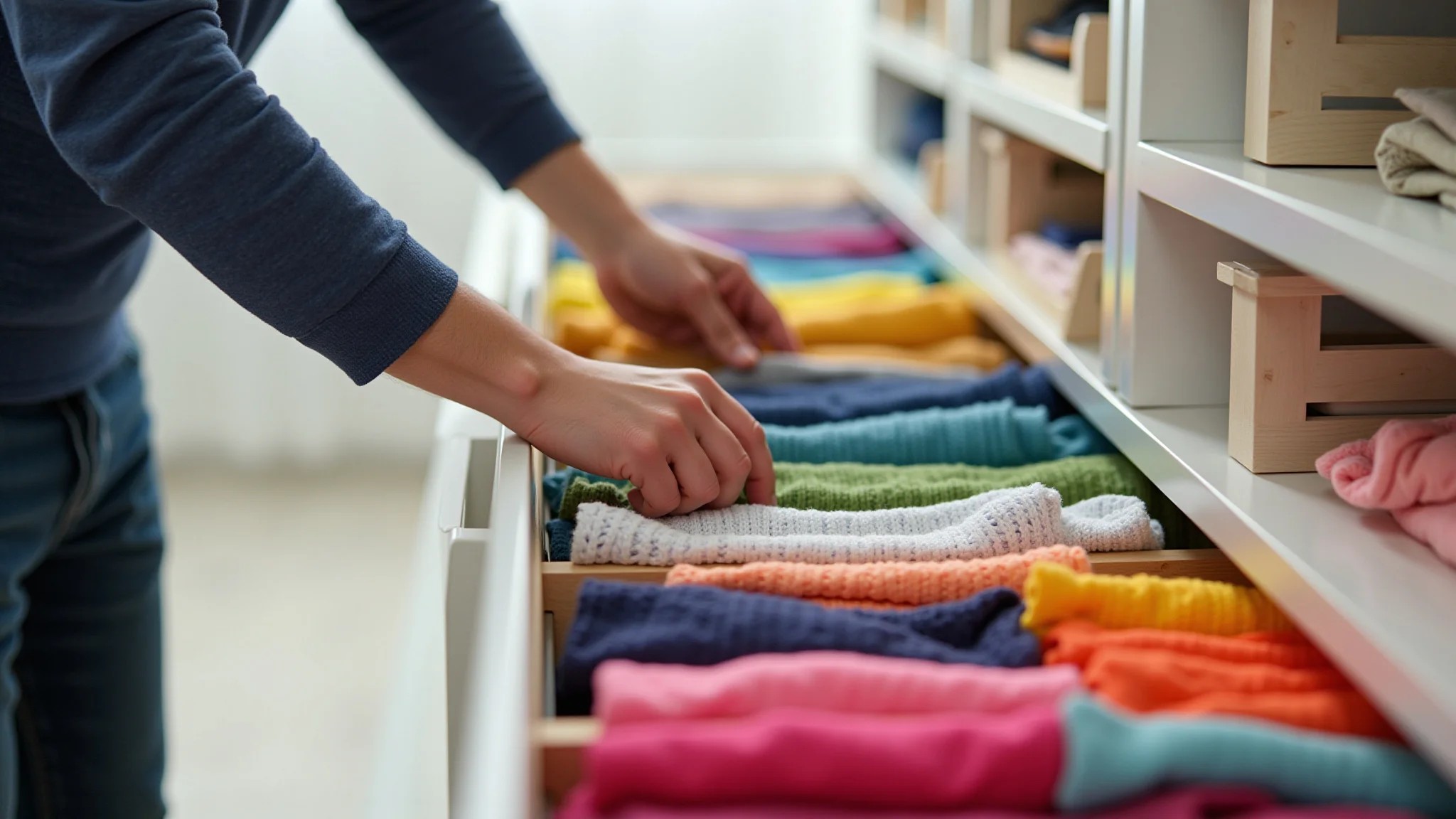Mãos dobrando roupas coloridas e organizando gavetas com divisórias.