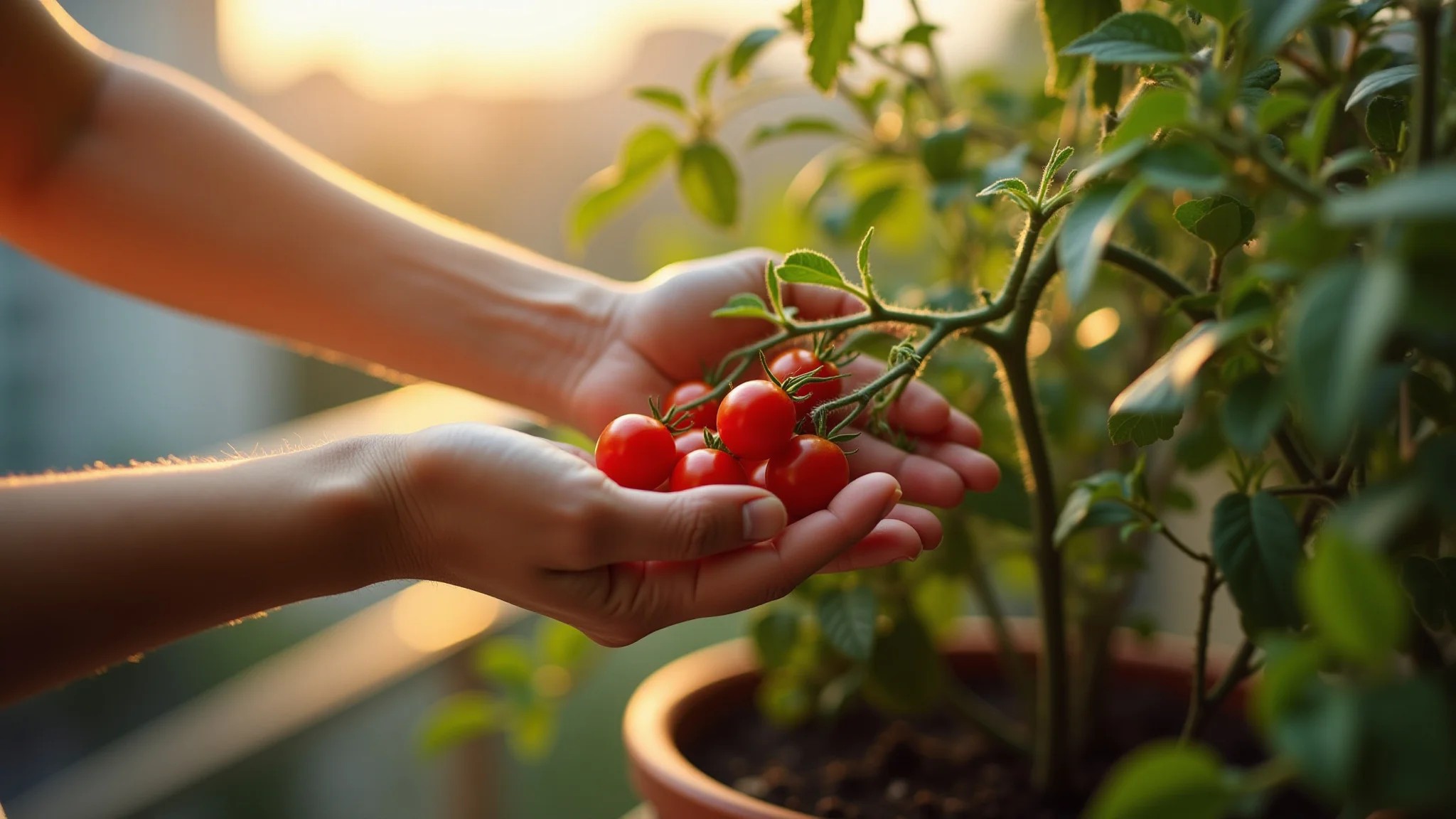 Mãos colhendo tomates cereja maduros de planta em vaso na varanda.