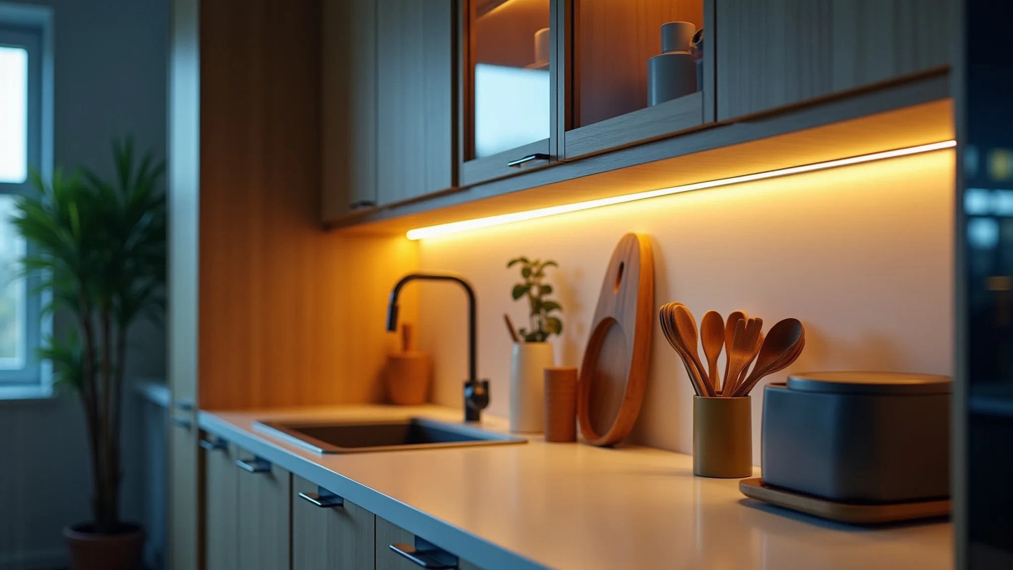 Iluminação LED em armário de cozinha destacando utensílios, luz quente e foco nítido.