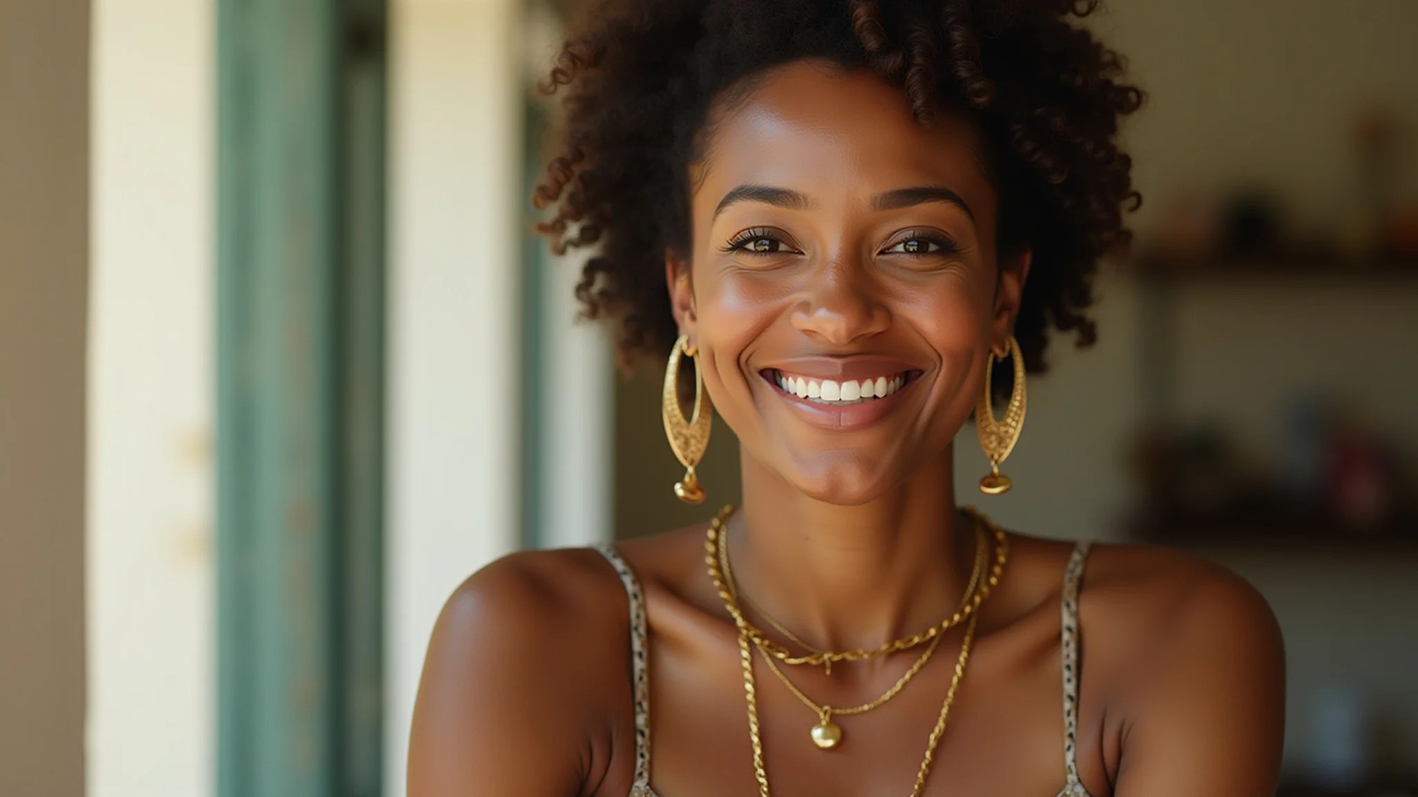 Mulher de pele morena clara usando acessórios dourados sob luz natural, sorrindo.