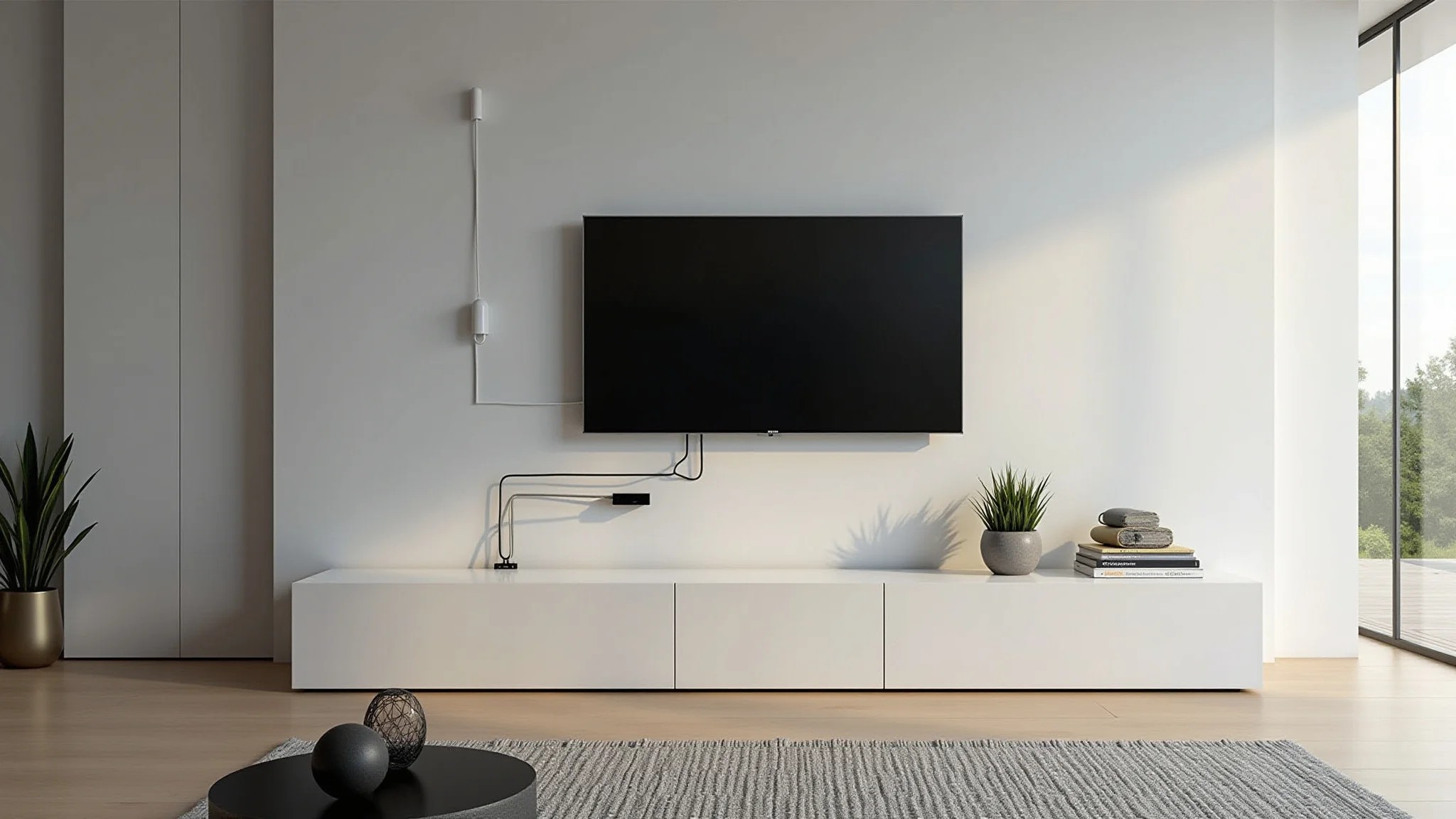 Sala de estar com TV instalada na parede e cabos organizados.