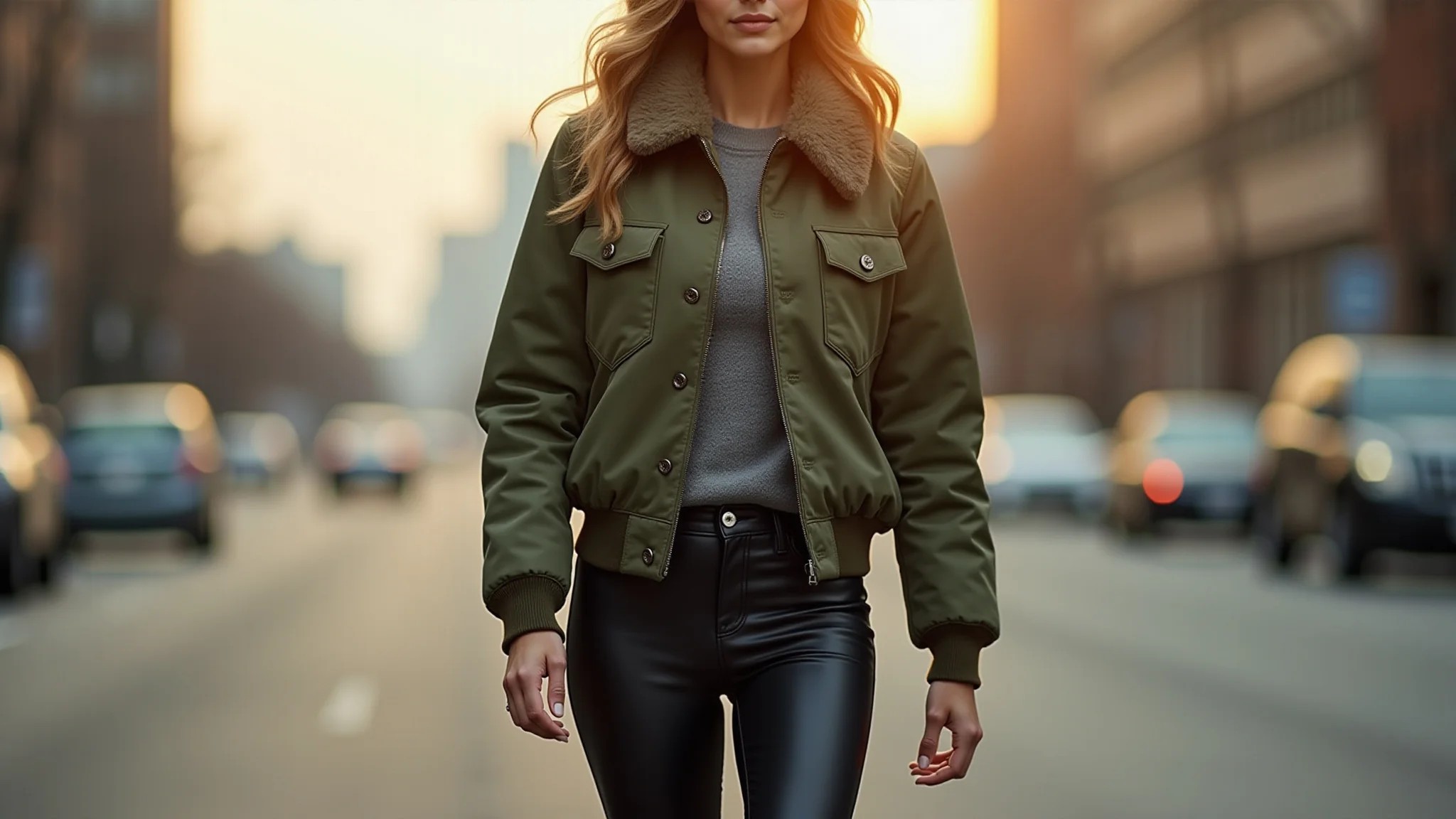 Look moderno com jaqueta verde militar e calça de couro preta em cenário urbano.