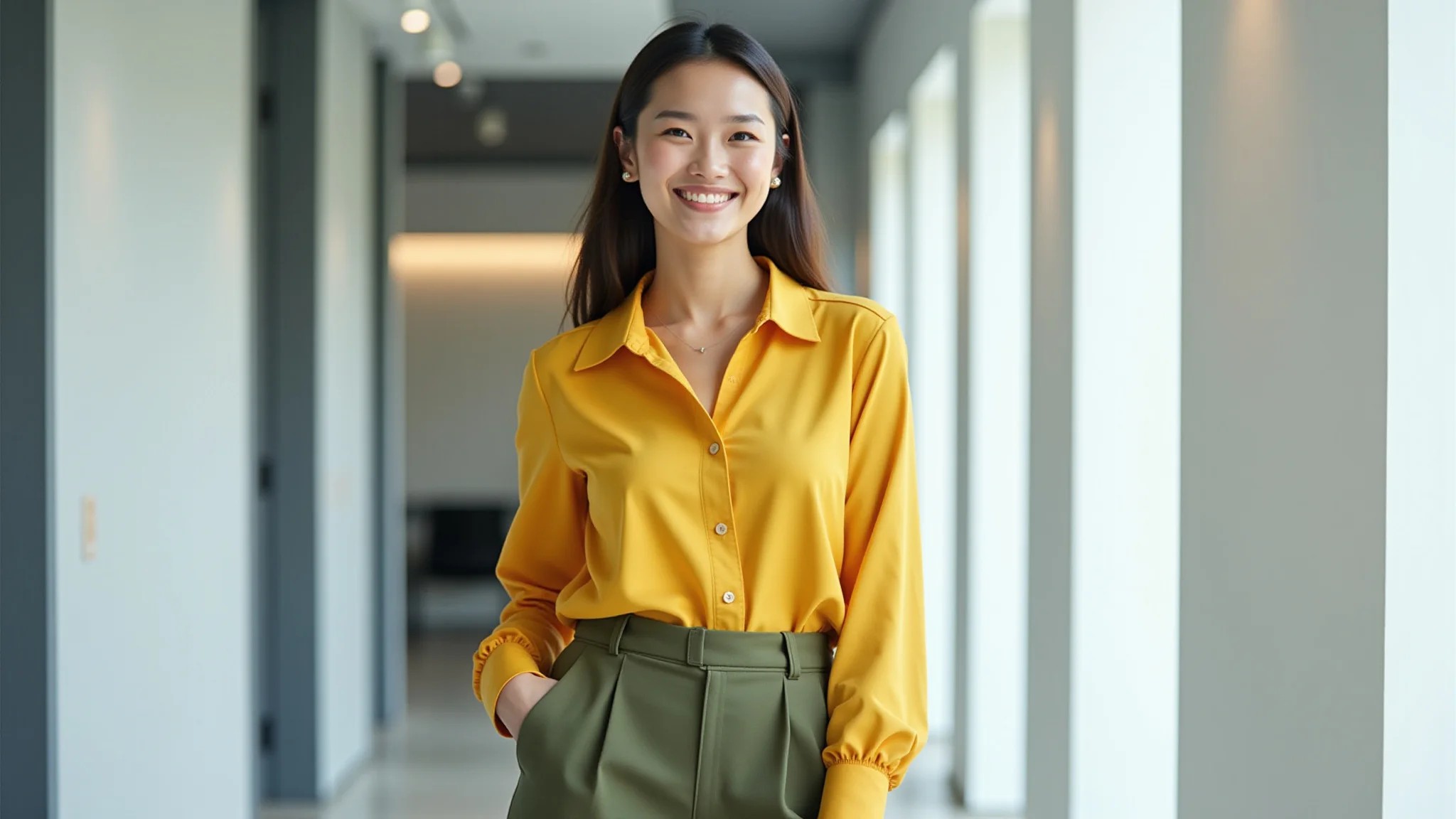 Look alegre com calça verde militar e blusa amarela em ambiente moderno.