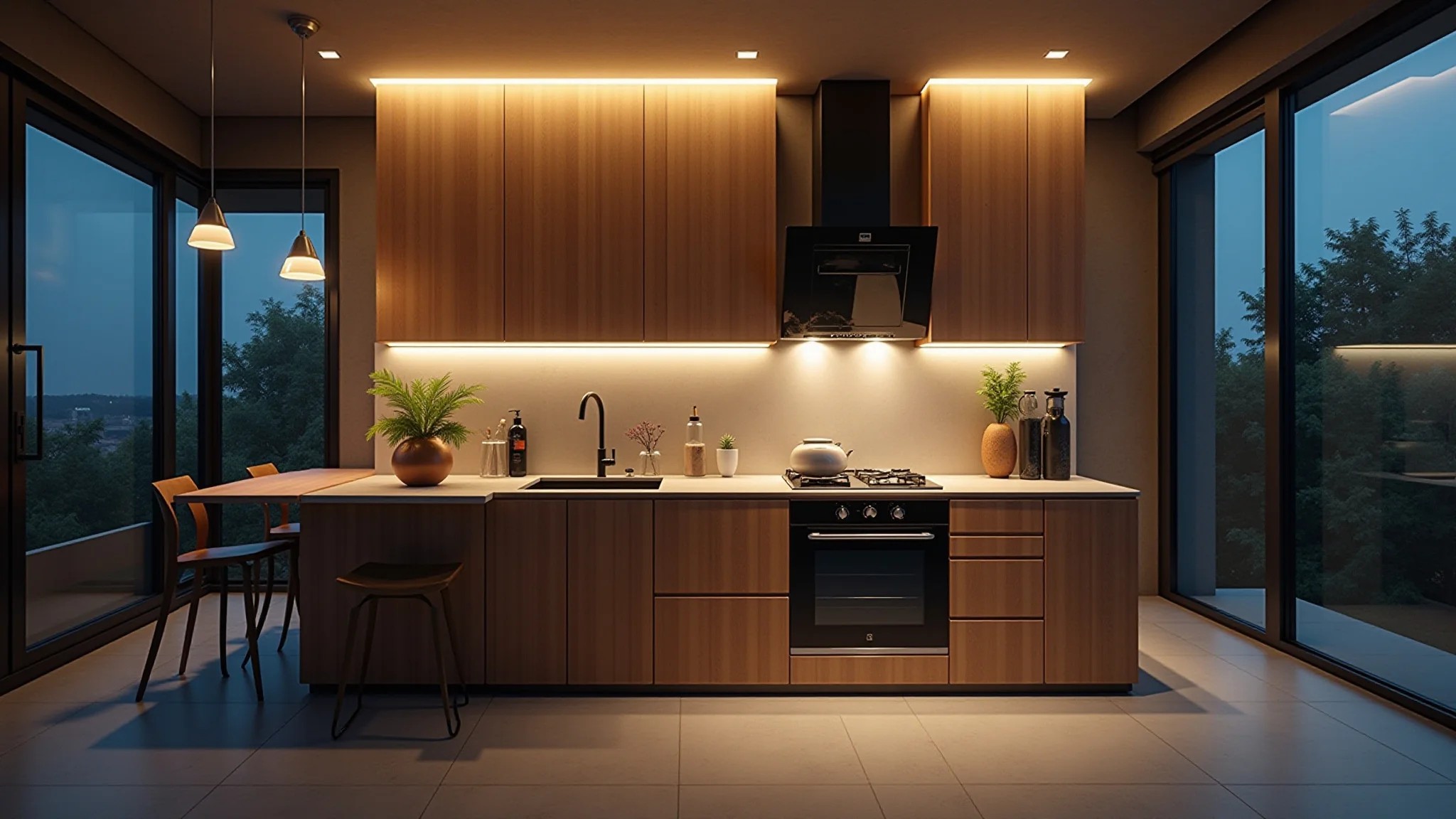 Cozinha brasileira moderna à noite com iluminação embutida criando ambiente acolhedor.