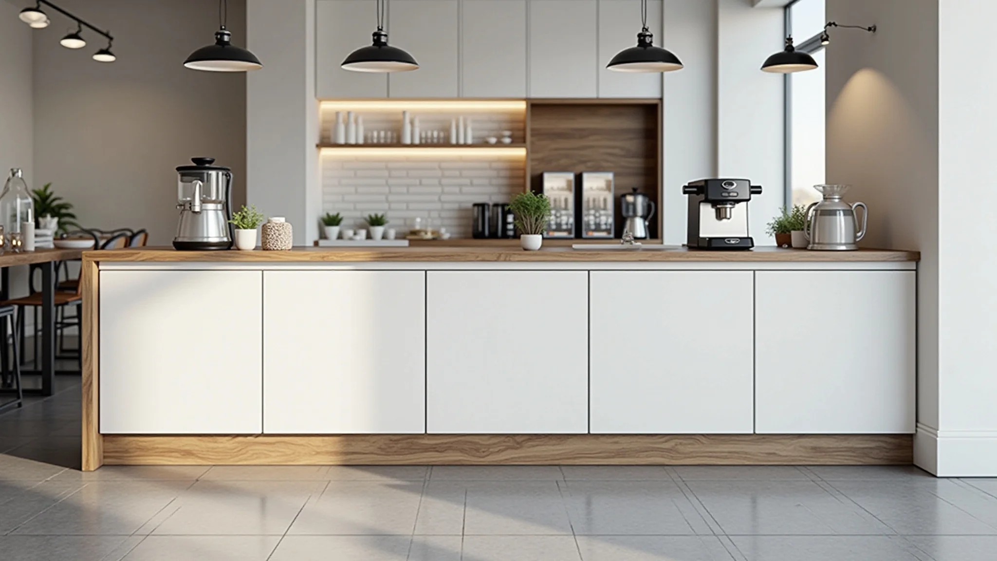 Cantinho do café moderno com design minimalista e iluminação clara.