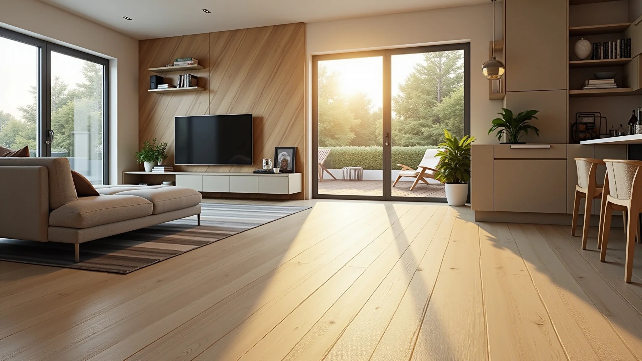 Sala de estar moderna com piso laminado resistente à água.