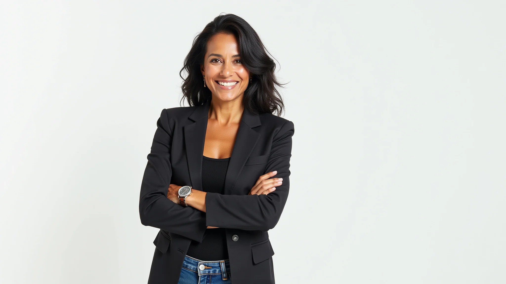 Mulher brasileira de 40 anos com cabelo escuro usando mom jeans e blazer, sorrindo confiantemente. Foto de estúdio.