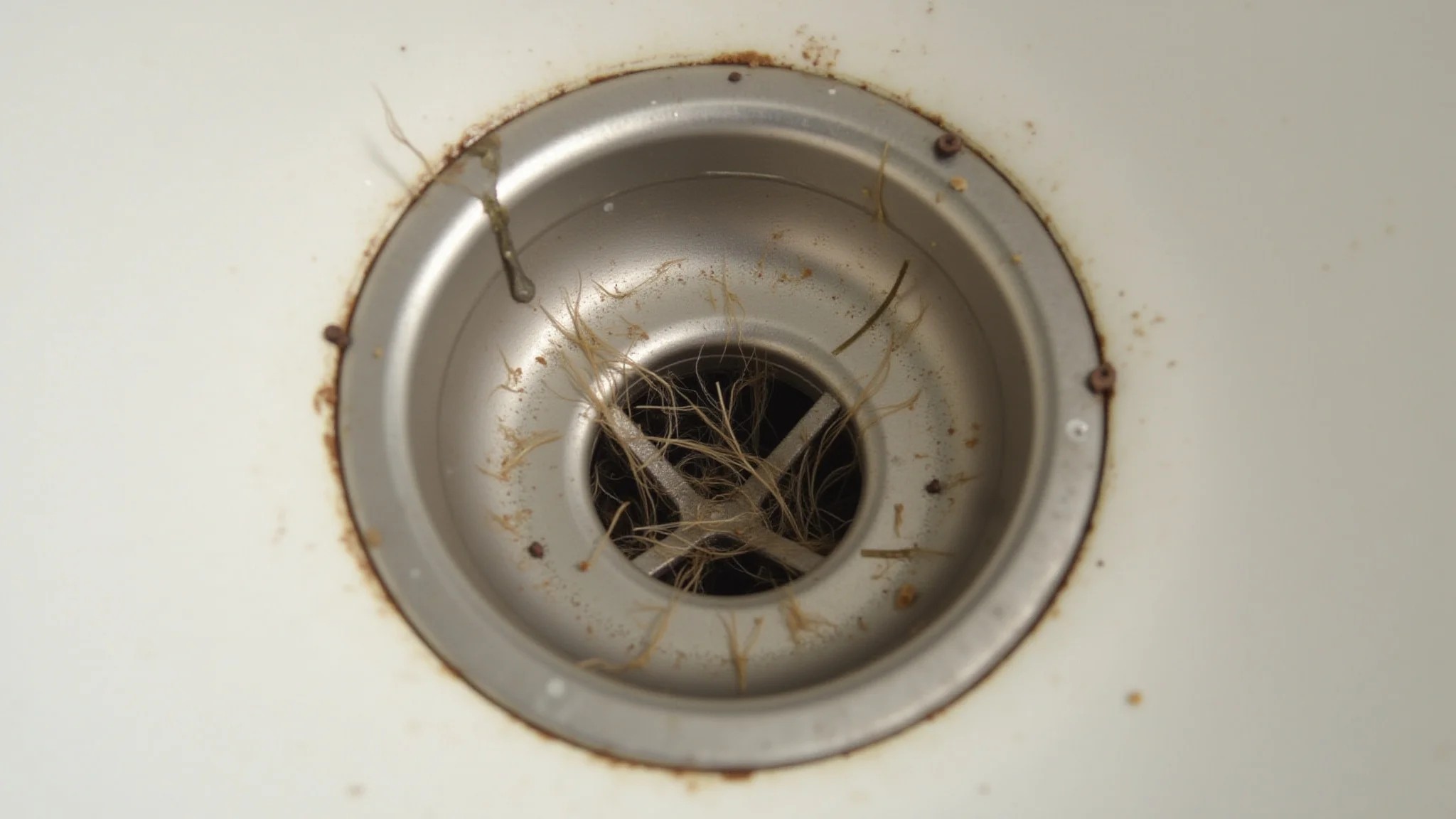 Tela protetora de ralo cheia de cabelo e resíduos, prevenindo entupimentos.