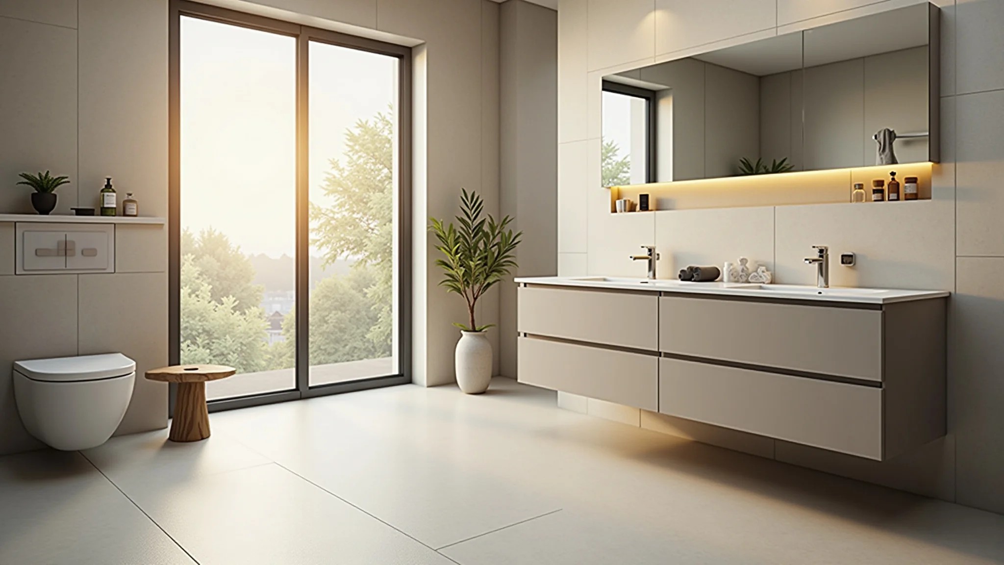 Banheiro com porcelanato acetinado claro, proporcionando segurança e conforto.