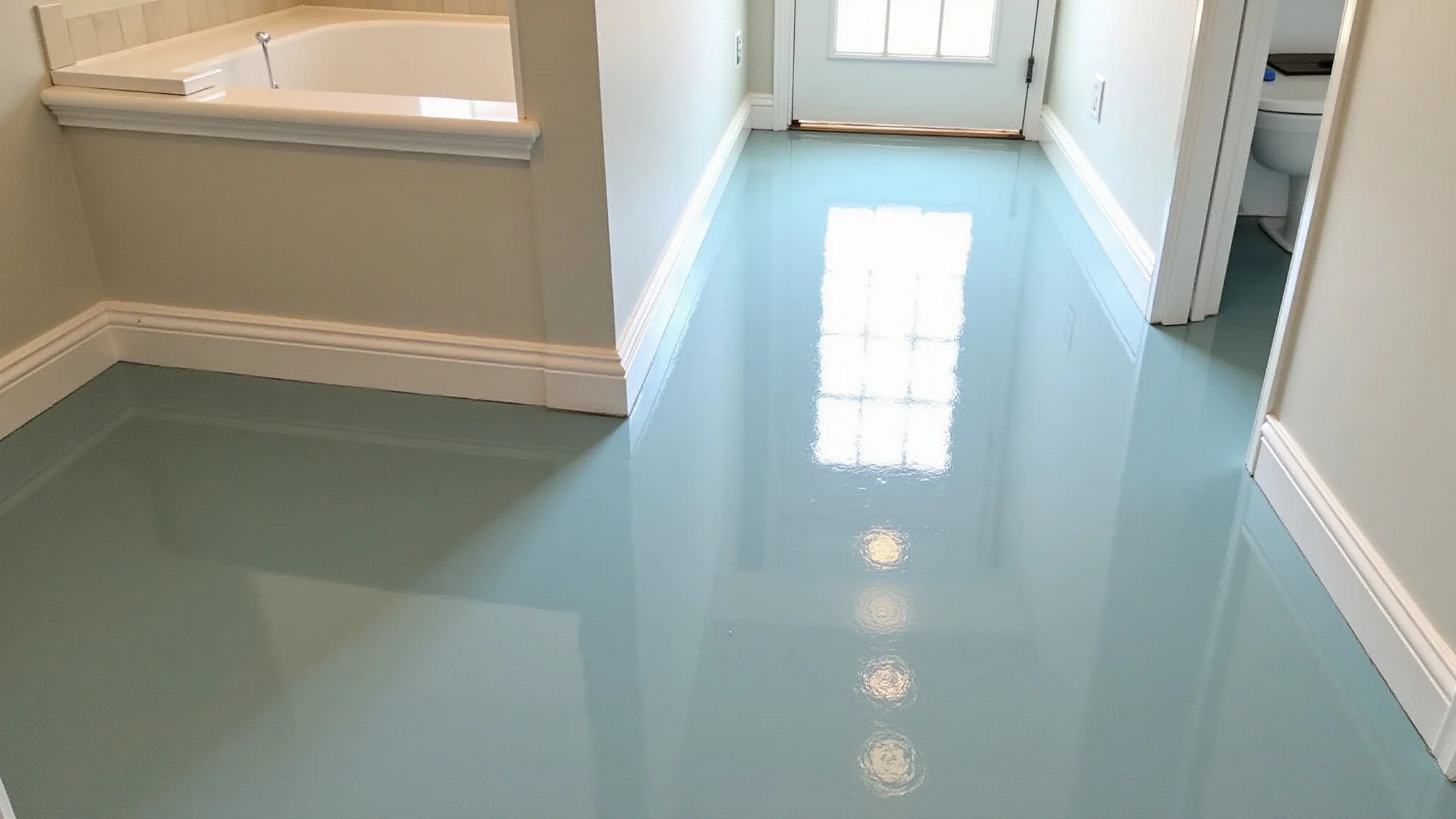 Piso de banheiro pintado com epóxi, mostrando acabamento à prova d'água.