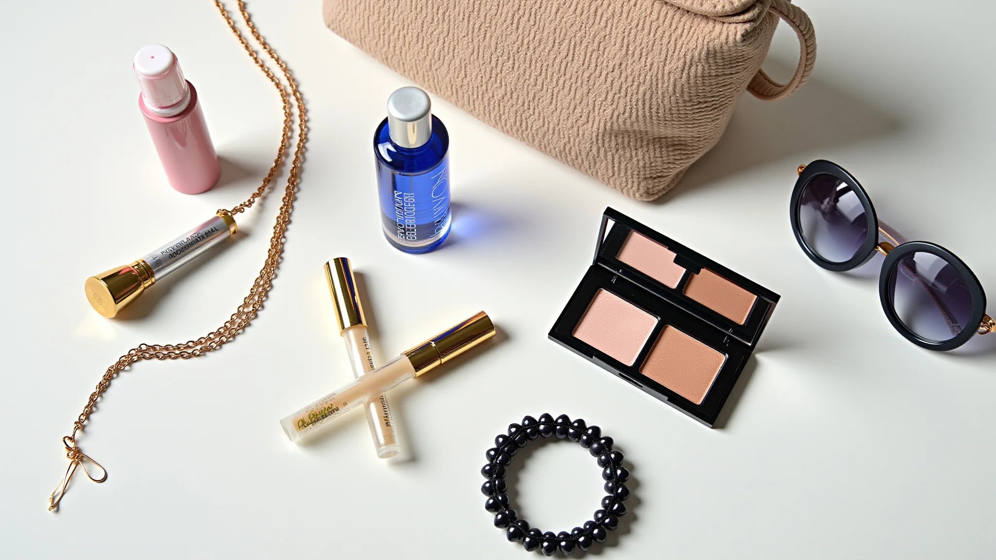 Kit essencial na bolsa de praia para transição ao visual noturno, com maquiagem e acessórios.