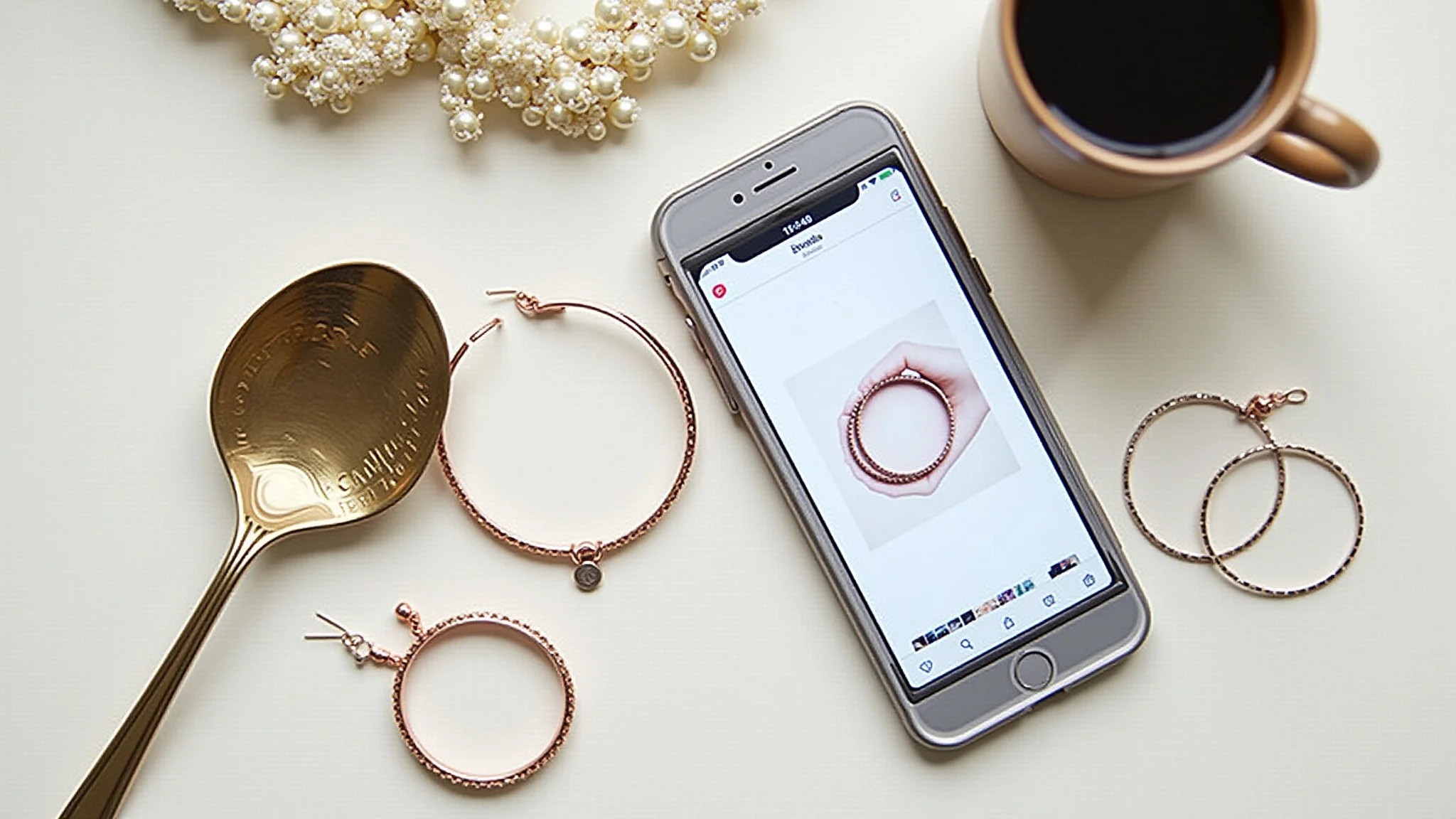Foto de joias artesanais com um smartphone mostrando o Pinterest e café brasileiro.