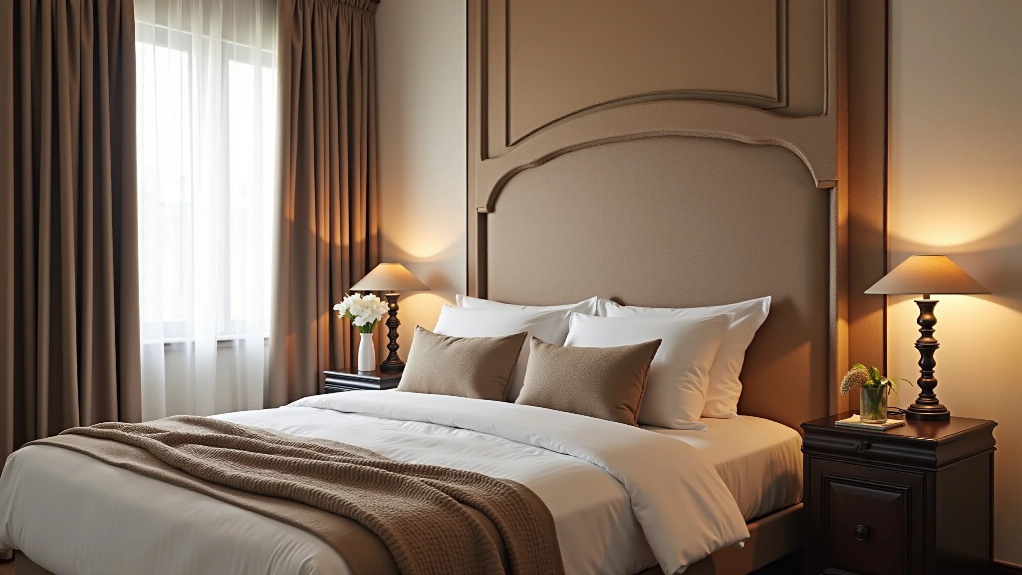 Quarto elegante com cabeceira capitoné e decoração brasileira sofisticada.