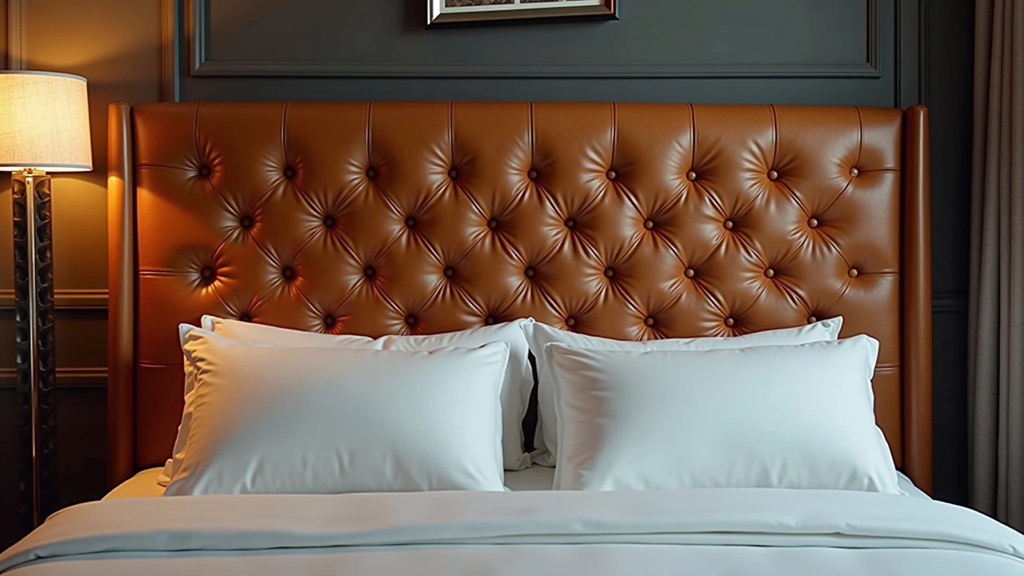 Quarto com cabeceira de couro luxuosa, design sofisticado e iluminação quente.