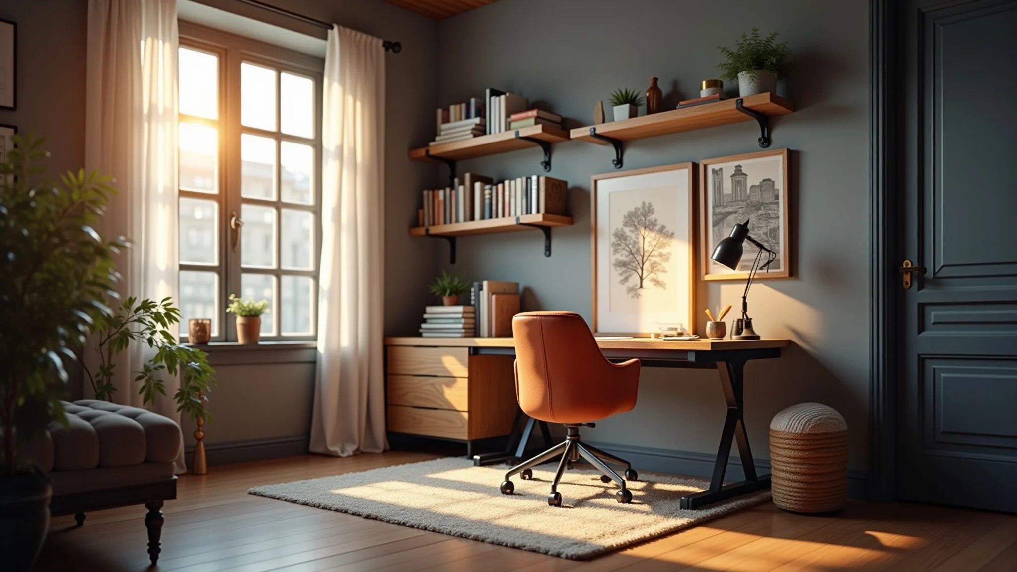 Quarto com escritório estilo industrial, detalhes em metal, mesa de madeira e iluminação suave.