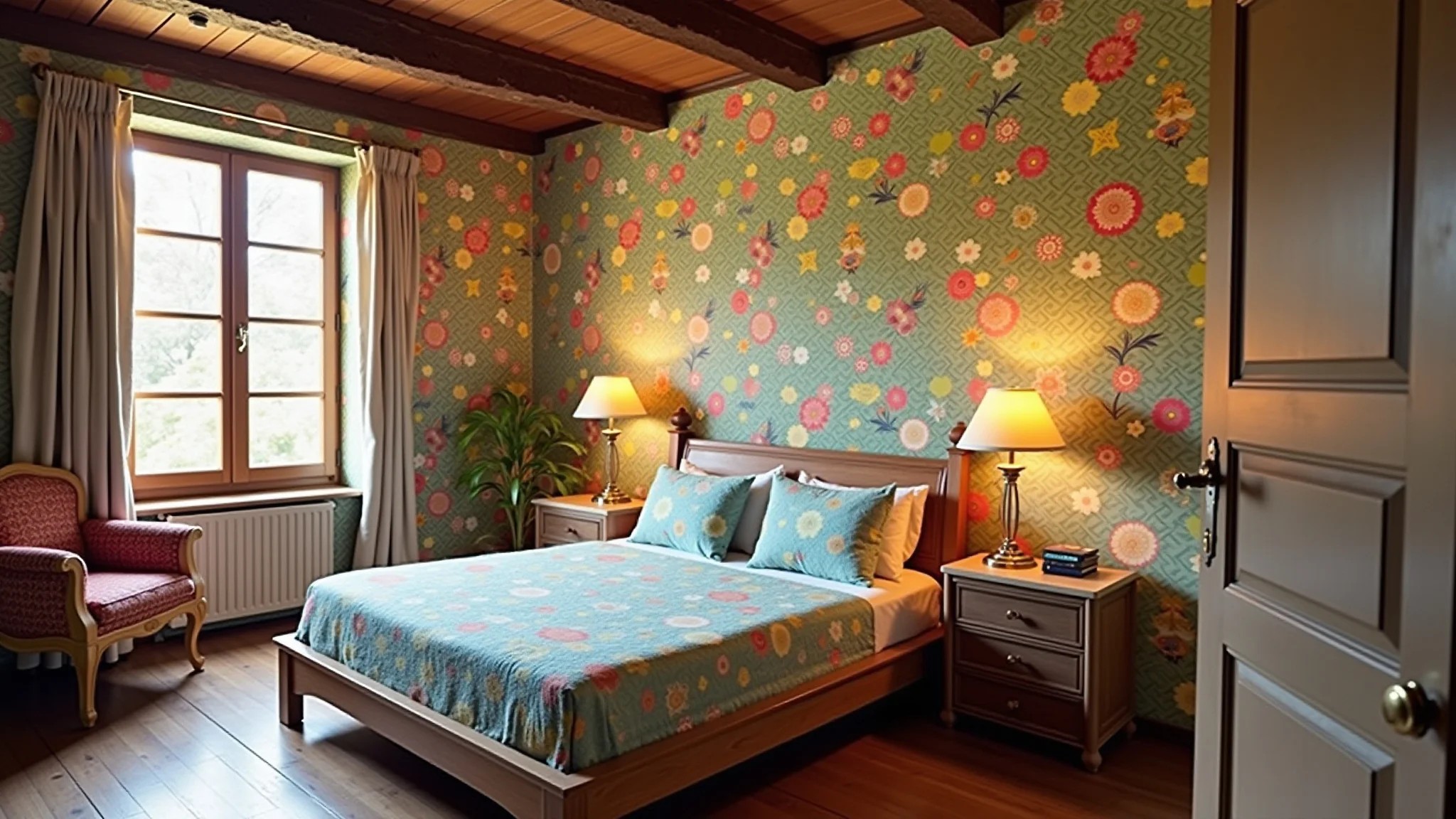 Quarto com papel de parede colorido em estilo Farm Rio.