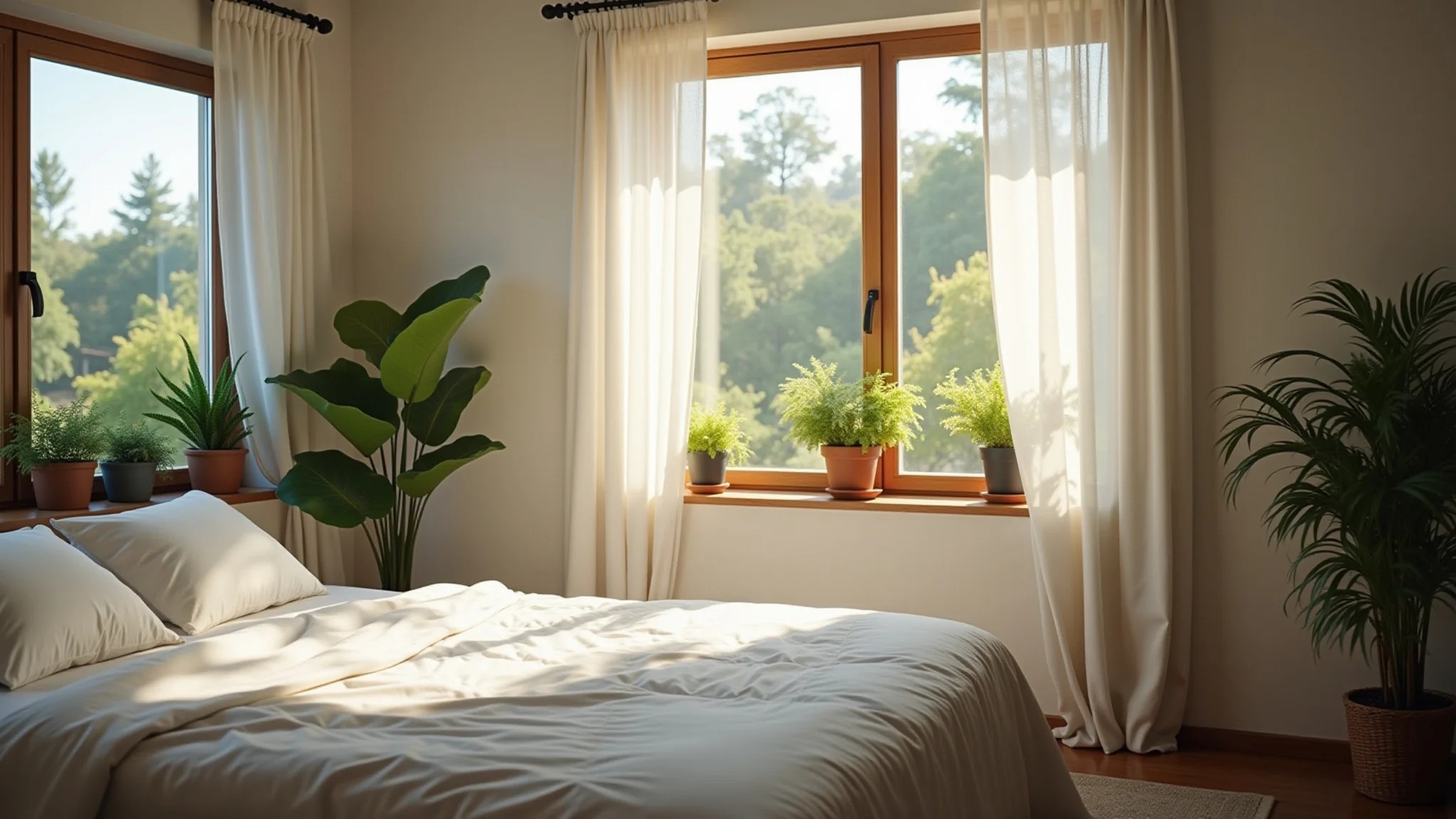 Quarto arejado com roupa de cama limpa e plantas na janela.