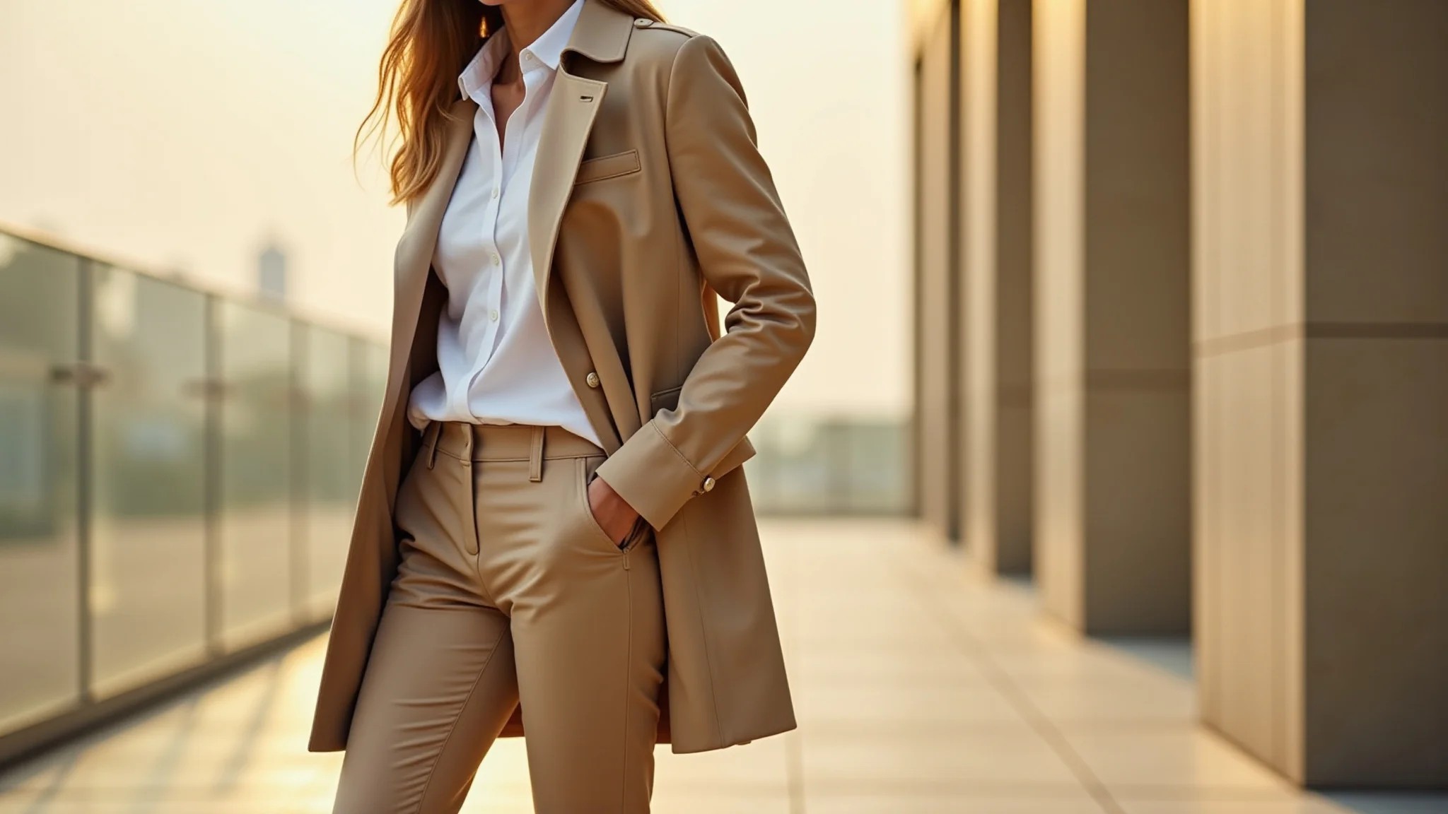 Look elegante com trench coat bege, camisa branca e calça de alfaiataria.