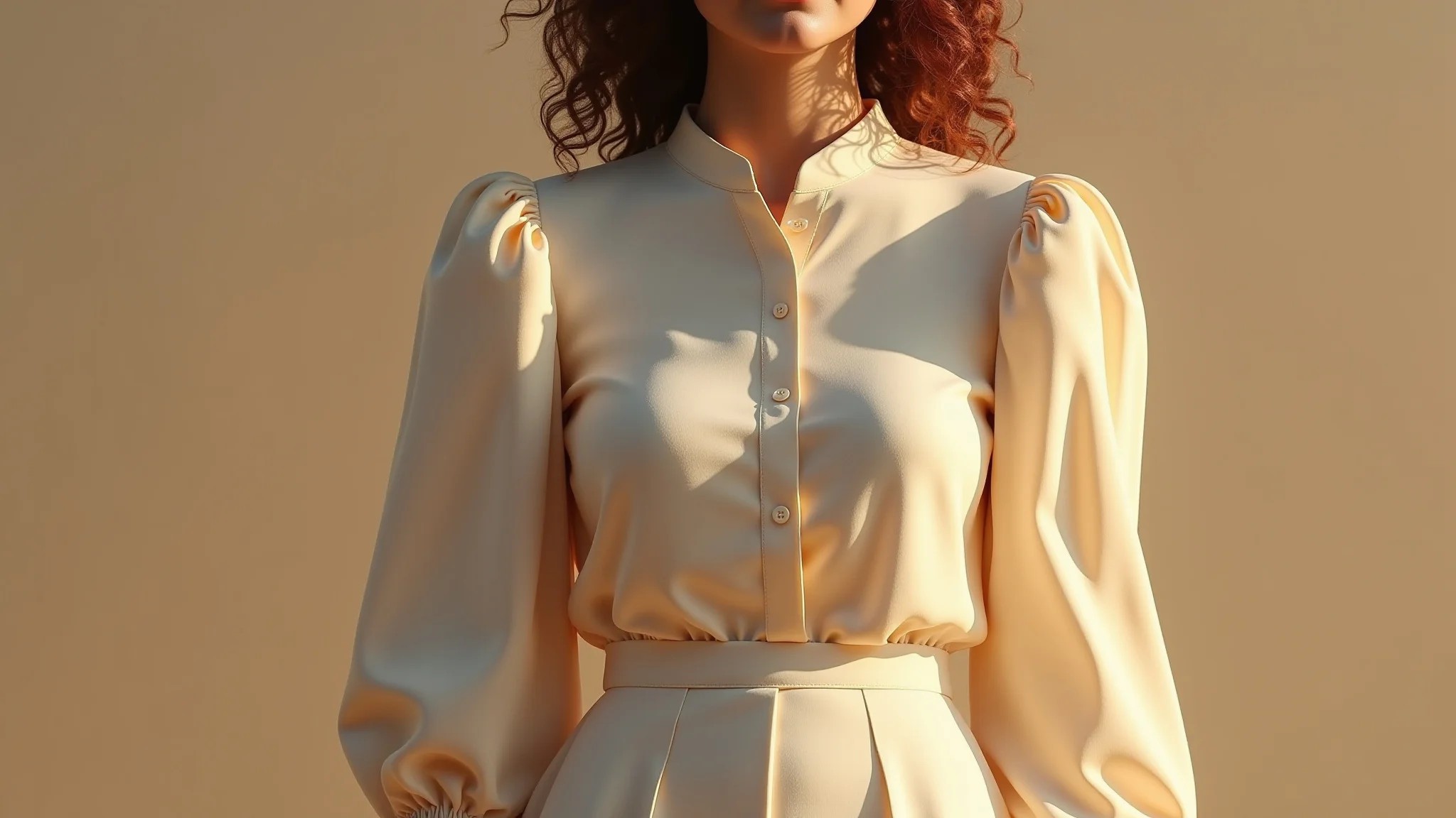 Blusa com mangas longas bufantes, foto de estúdio com luz suave da hora dourada.