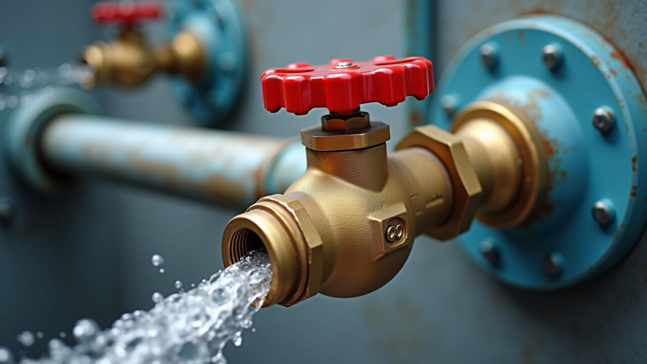 Registro de gaveta de latão controlando o fluxo de água.
