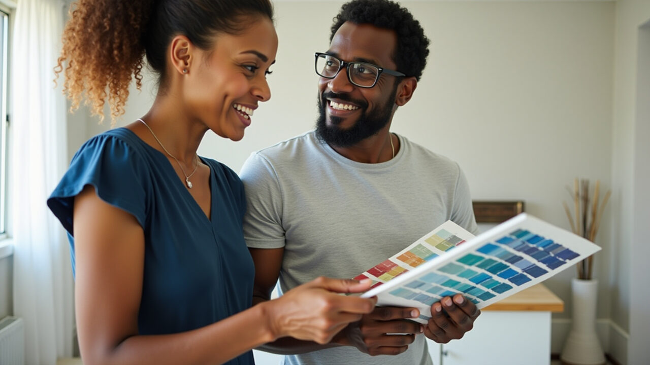 Casal discutindo opções de cores com pintor em casa brasileira.