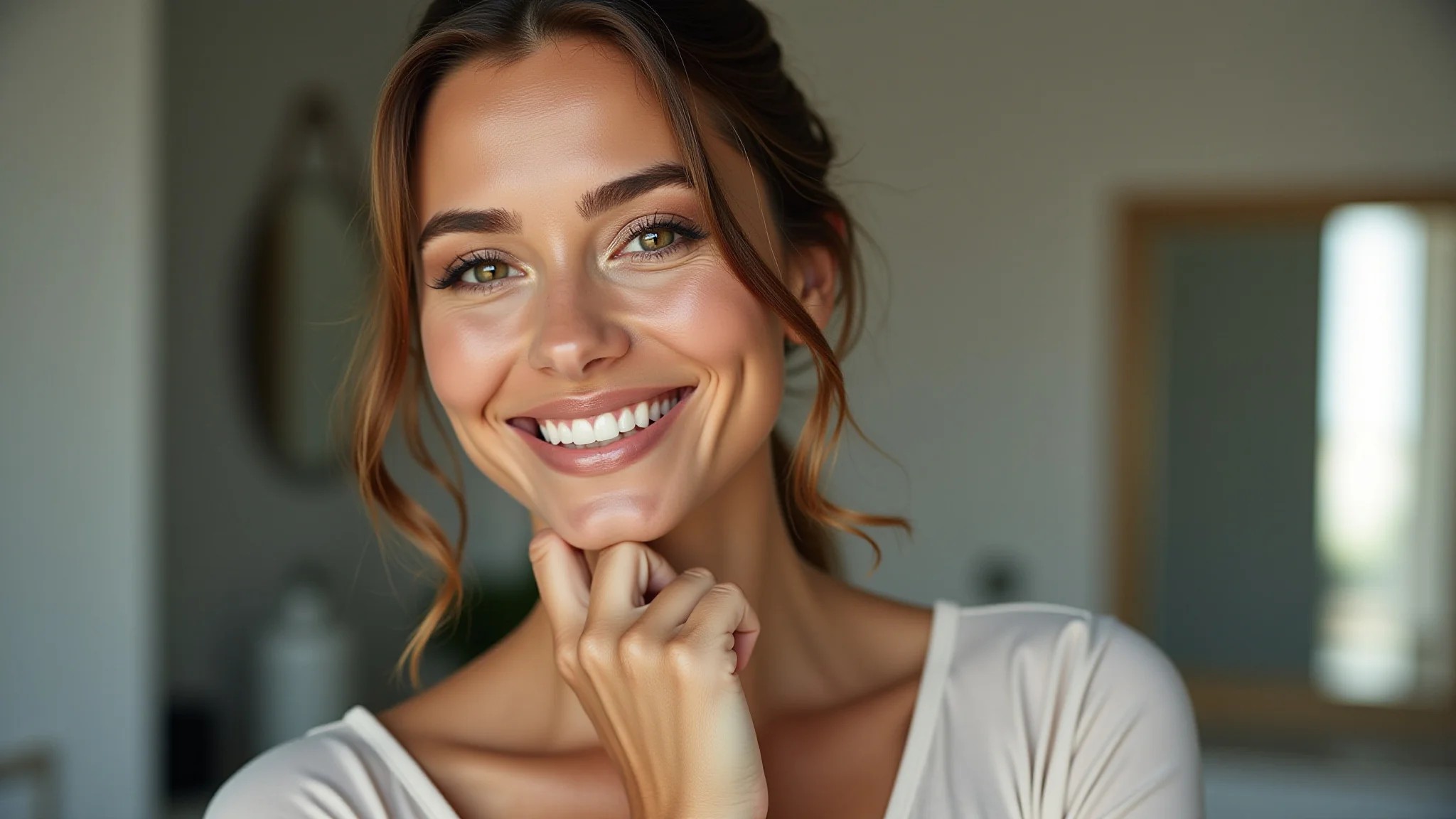 Mulher brasileira com maquiagem leve e natural, sorrindo com confiança.