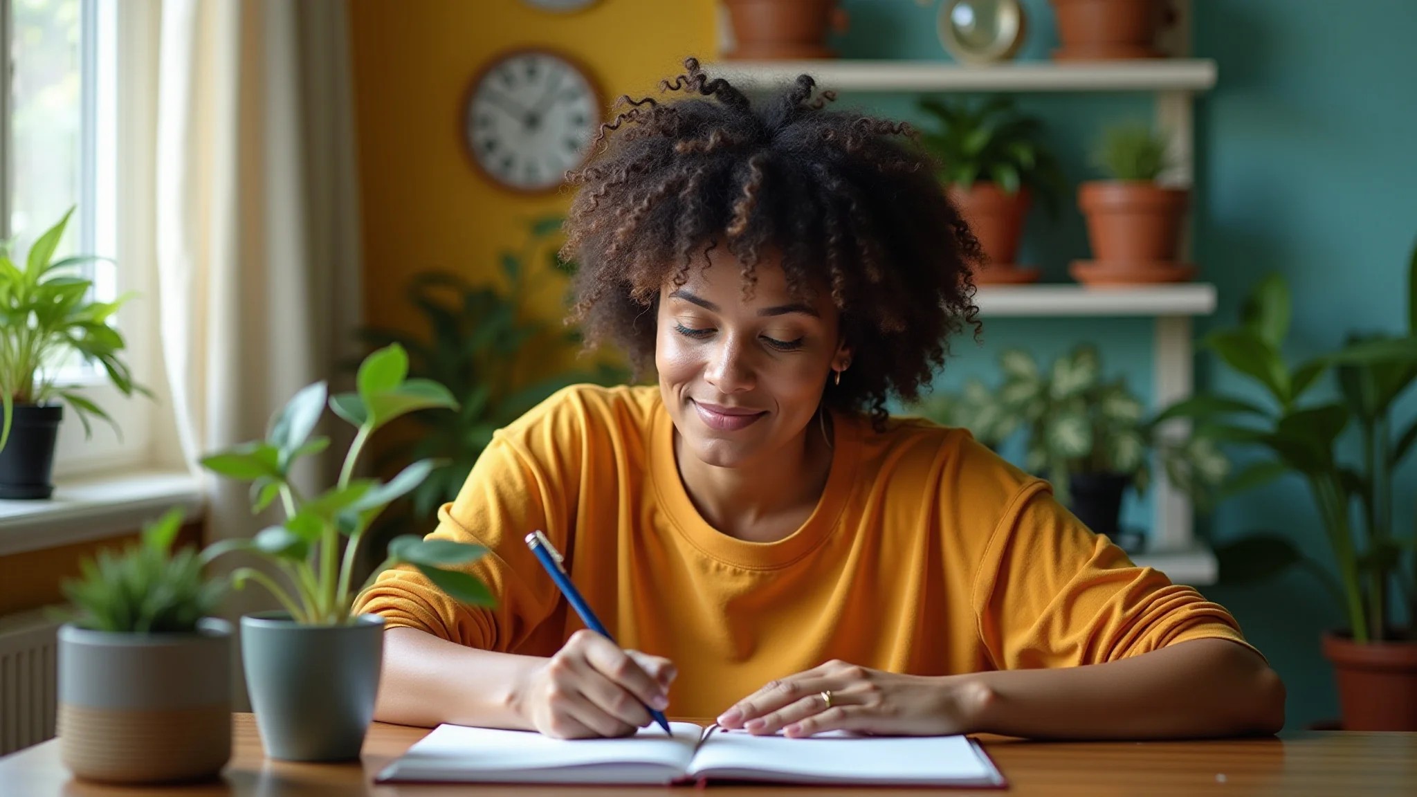 Mulher brasileira escrevendo em diário em ambiente aconchegante, representando autoconhecimento.