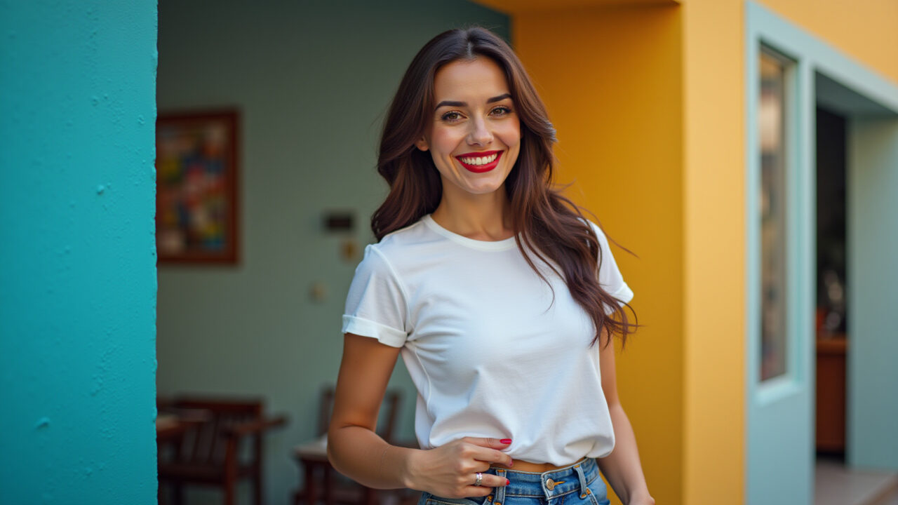Mulher com batom vermelho, jeans e camiseta branca.