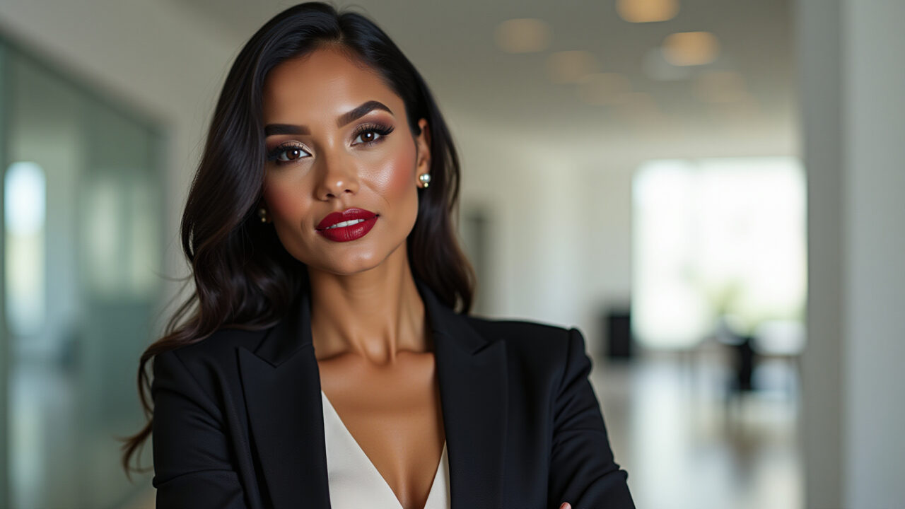 Mulher negra com batom vermelho cremoso e blazer elegante.