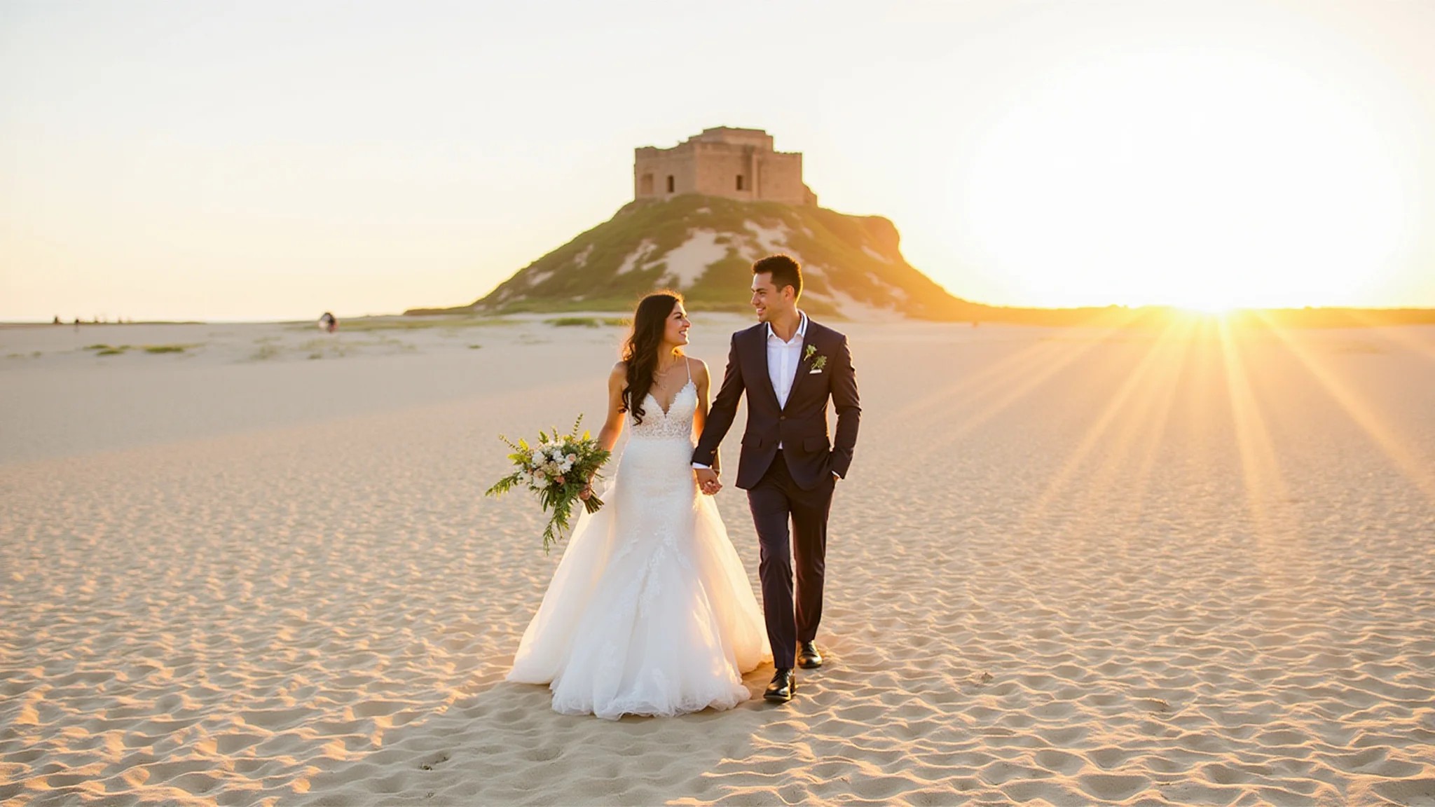 Noivos caminhando na praia de Jericoacoara ao pôr do sol.