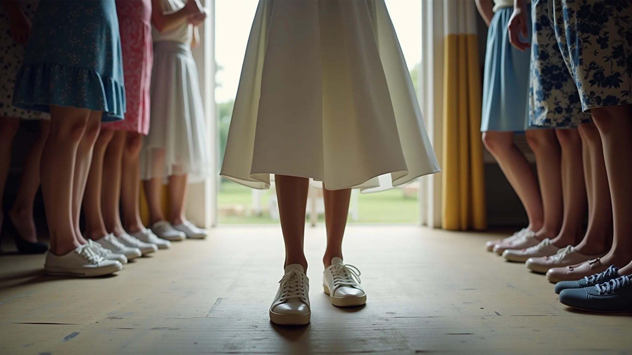 Noiva incentivando convidados a usarem tênis branco em seu casamento informal.